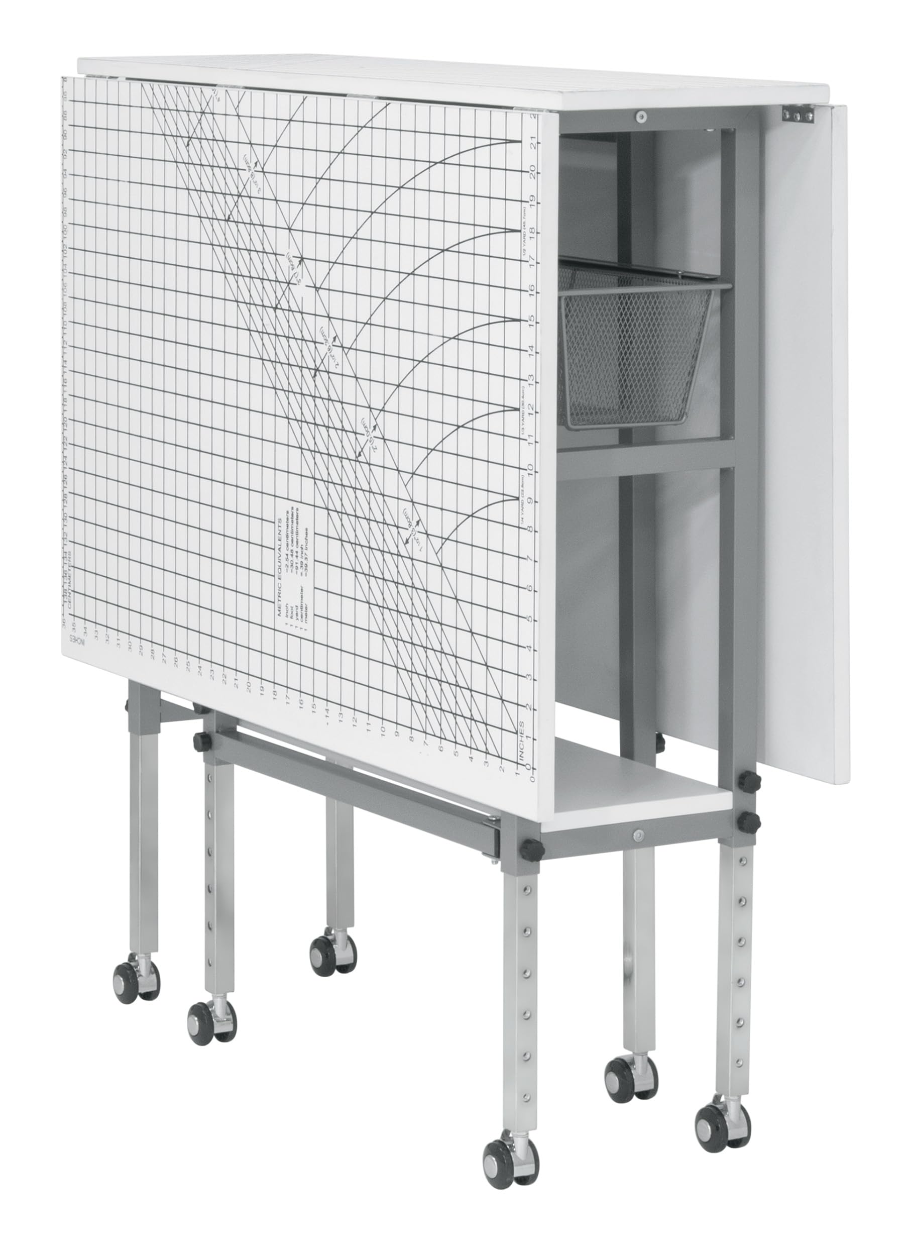 Sew Ready Foldable Hobby and Cutting Grid Table - 58.75" W x 36.5" D White Arts and Crafts Table with Grid Top and Silver Storage Drawers
