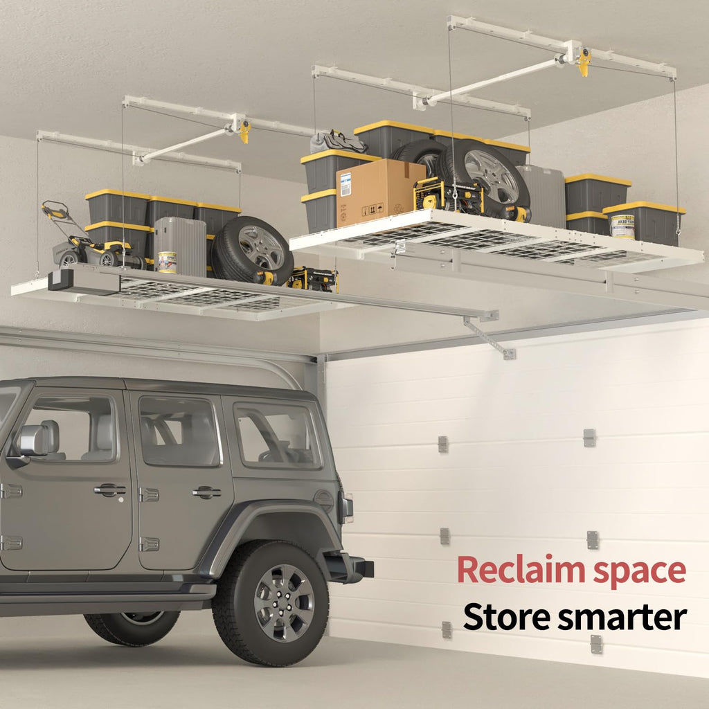 Garage Ceiling Storage Racks – 4x8 FT Overhead Garage Storage Rack with Safety Lock, Heavy-Duty Ceiling Mounted Lift System and Storage Organizer, Ideal for Maximizing Overhead Space, 325 lbs Capacity