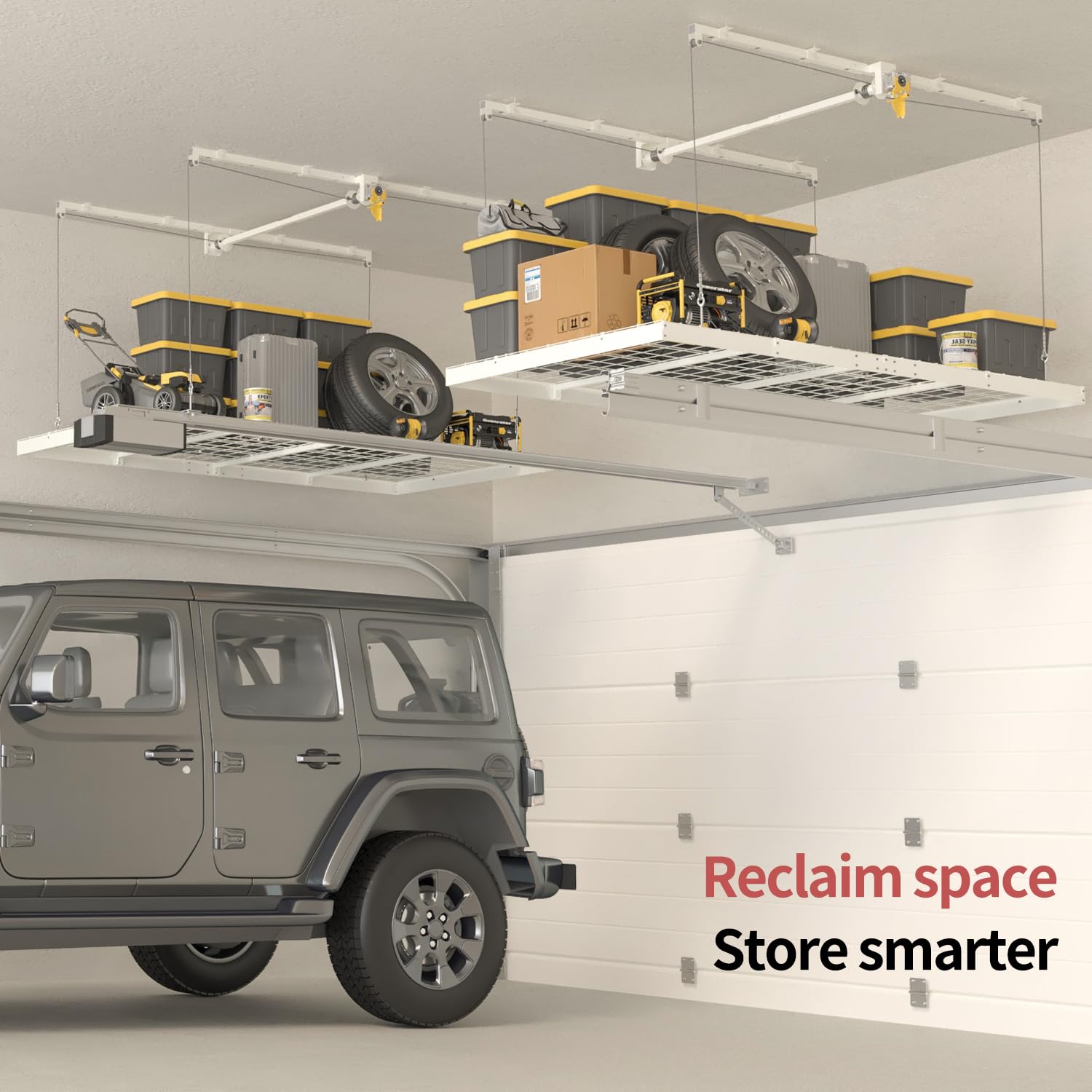 Garage Ceiling Storage Racks – 4x8 FT Overhead Garage Storage Rack with Safety Lock, Heavy-Duty Ceiling Mounted Lift System and Storage Organizer, Ideal for Maximizing Overhead Space, 325 lbs Capacity