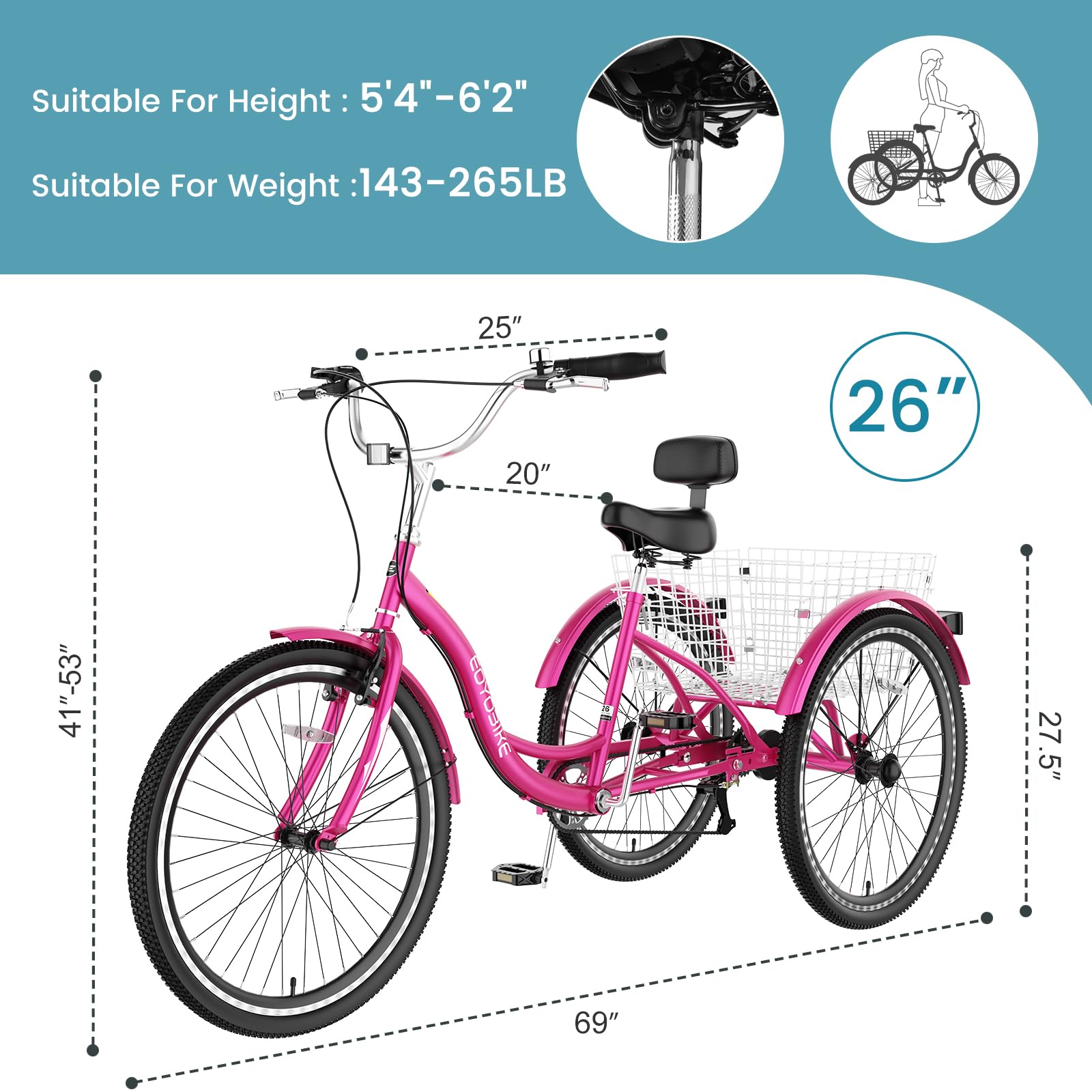 Slsy Adult Tricycle 7 Speed, 20/24/26 Inch Step-Through 3 Wheel Bike for Adults with Large Shopping Basket, 350 lb Capacity Adult Trike for Seniors, Women and Men