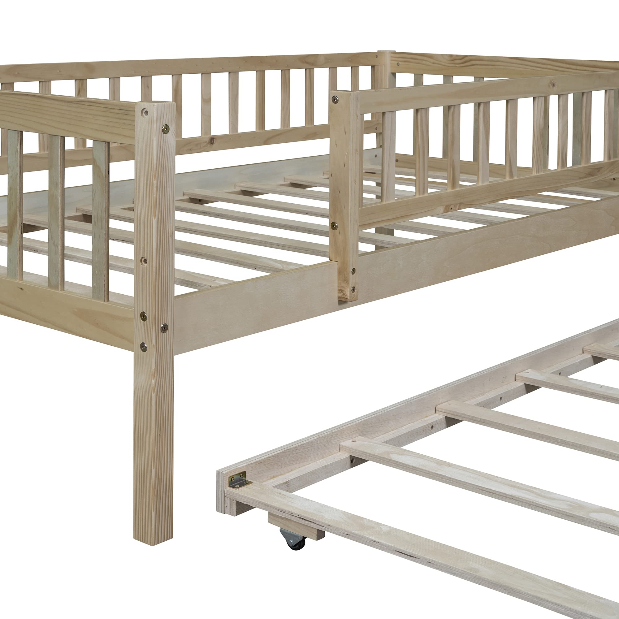 Bellemave Twin Bed Frames with Rails for Kids, Twin daybed Frame with Trundle for Boys/Girls/Adults， Natural