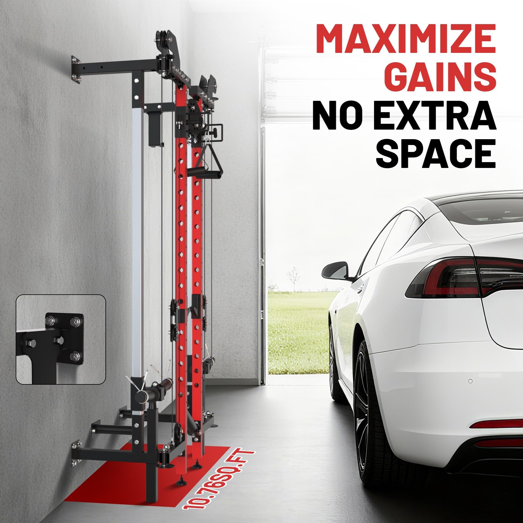 GarveeHome Folding Squat Rack, Wall Mounted Power Rack with Dual Pulley System & Pull Up Bar, Fitness Equipment for Home Gym, Garage, Apartment