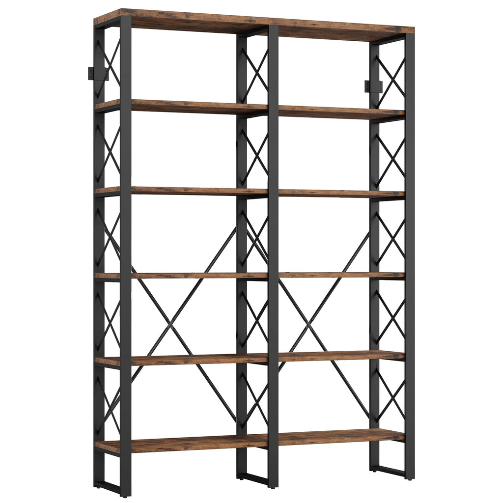 IRONCK Bookshelf Double Wide 6-Tier 76" H, Open Large Bookcase, Industrial Style Shelves, Wood and Metal Bookshelves for Home Office, Easy Assembly