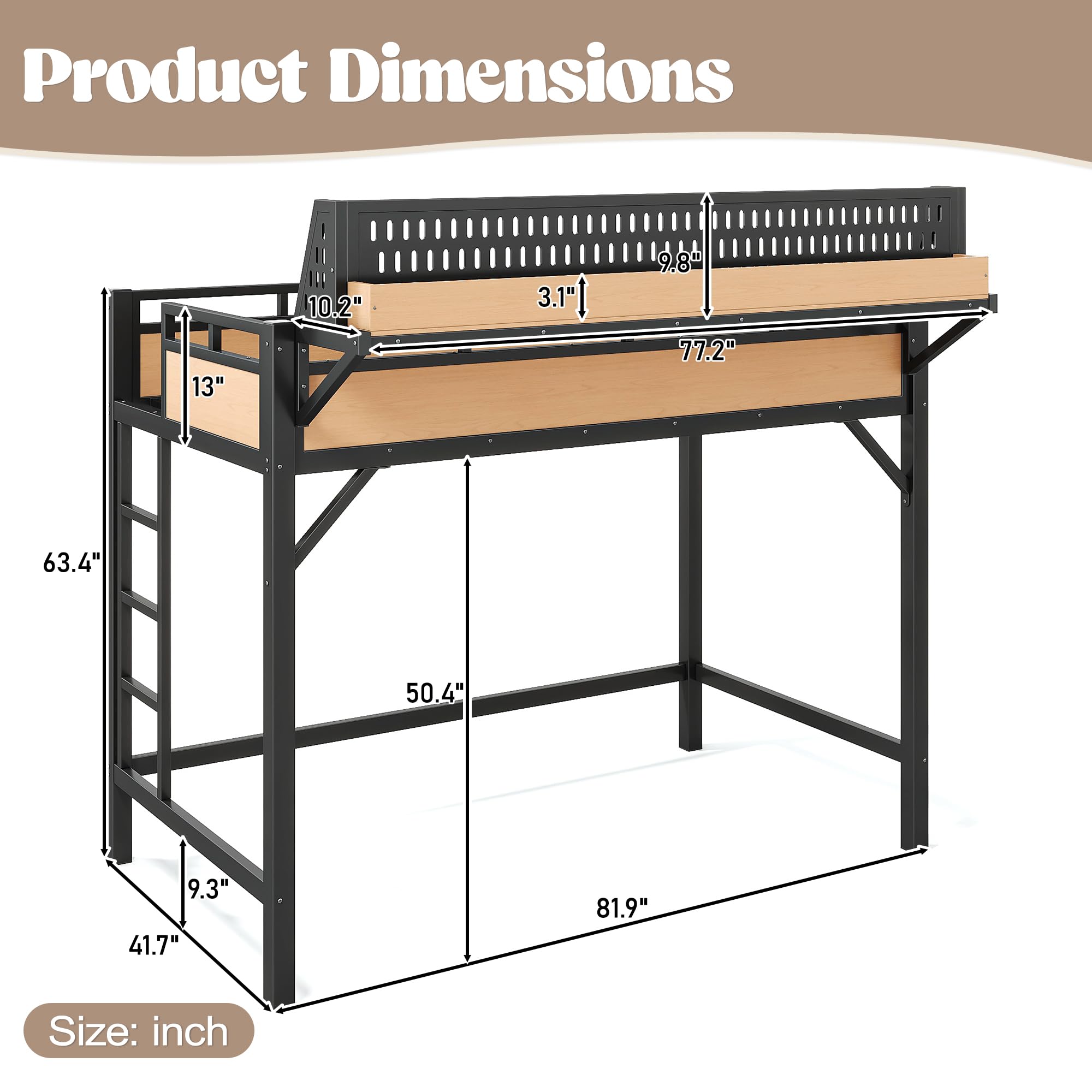 DNYN Metal Loft Bed with Storage Guardrails and Pegboard for Teens Bedroom/Dorm, Twin XL Size Loft Bed Frame with USB Ports and LED, Space-Saving Design & No Box Spring Needed