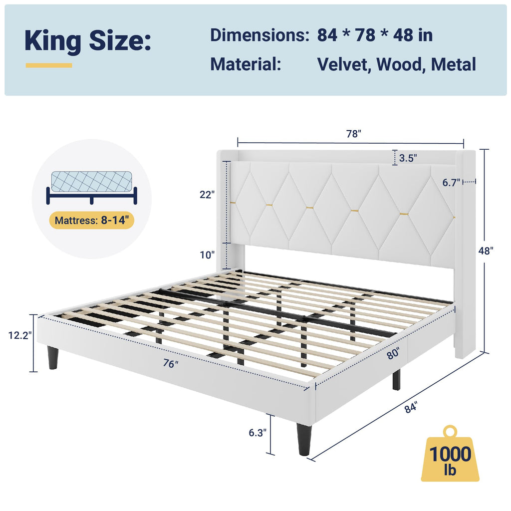 Allewie Velvet King Size Upholstered Bed Frame with Wingback Storage Headboard & Charging Station, Platform Bed with Diamond Tufted Design & Gold Trim, No Box Spring Needed, Easy Assembly, White