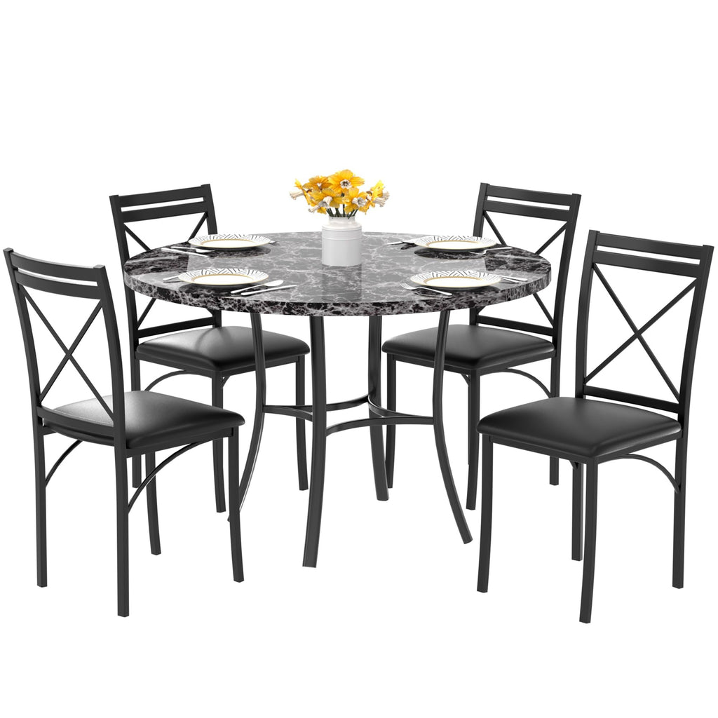 VECELO 5 Piece Dining Table Set for 4, Faux Marble Dinette with Chairs for Kitchen, Breakfast Nook, Small Space, Pure Black