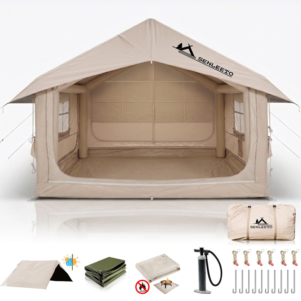 10' x 8' Inflatable Camping Tent for 6-8 People, 4 Season Blow up Tent with Rainfly, Easy Setup Air Pump, Waterproof pad, Luxury Inflatable Hot Tent with Stove Jack for Camping