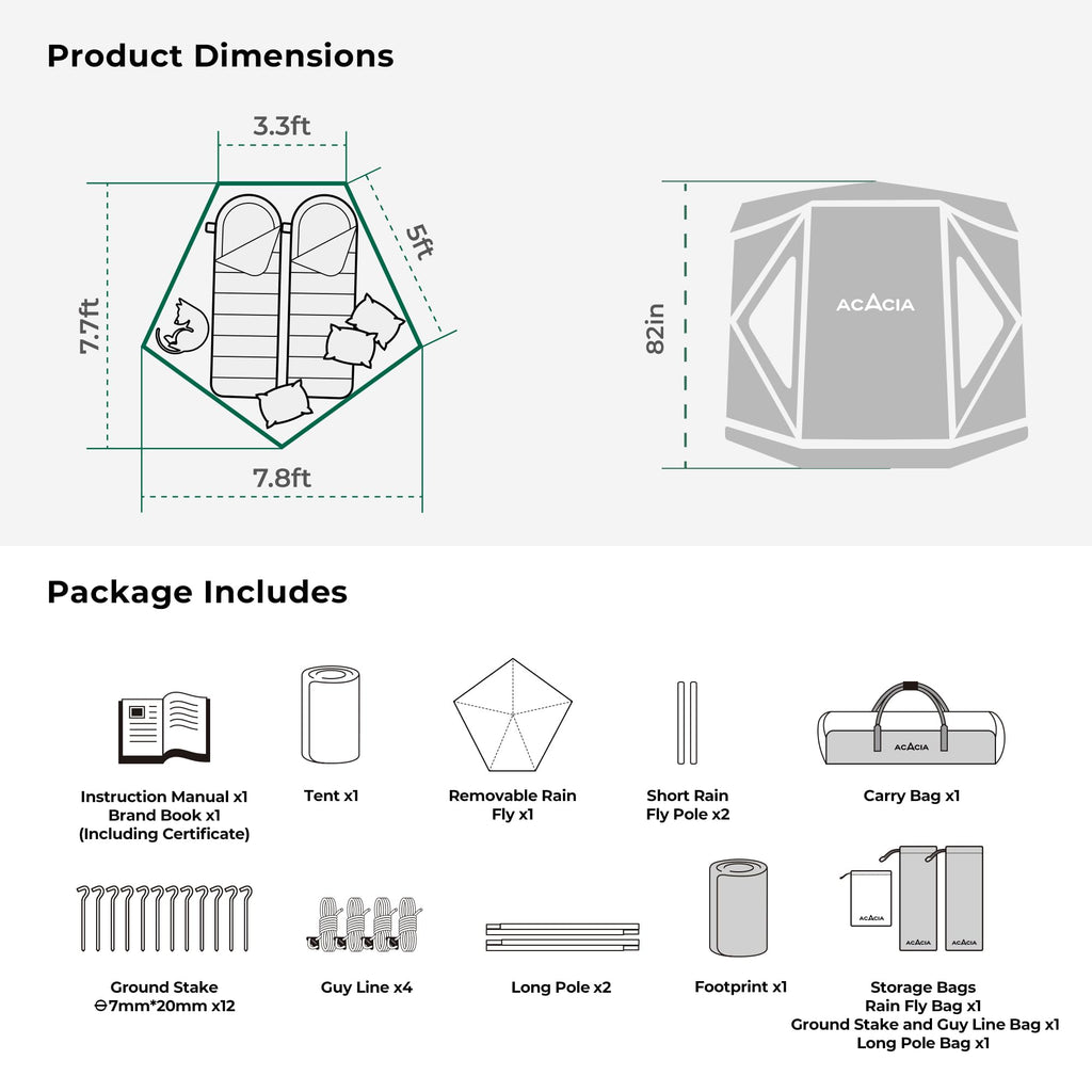 ACACIA Space Tent, 2 to 3 Person Pop Up Camping Tent with 8 Windows and Footprint, Waterproof Windproof Easy Setup Hub Tent for Family Camping, Hiking and Glamping, Moonstone