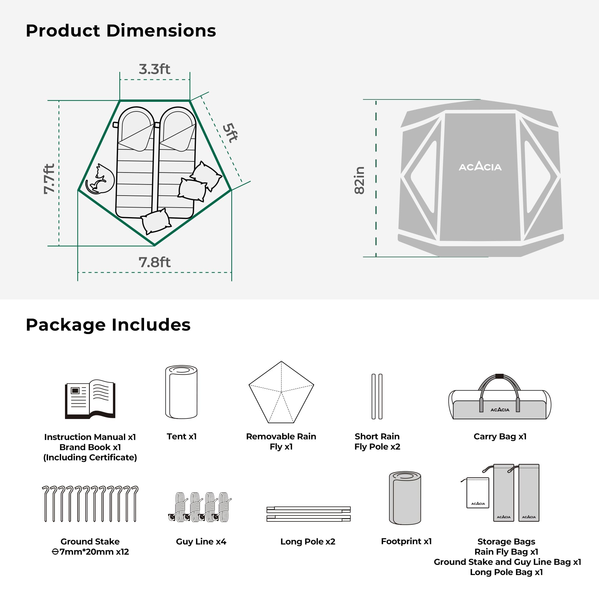 ACACIA Space Tent, 2 to 3 Person Pop Up Camping Tent with 8 Windows and Footprint, Waterproof Windproof Easy Setup Hub Tent for Family Camping, Hiking and Glamping, Moonstone