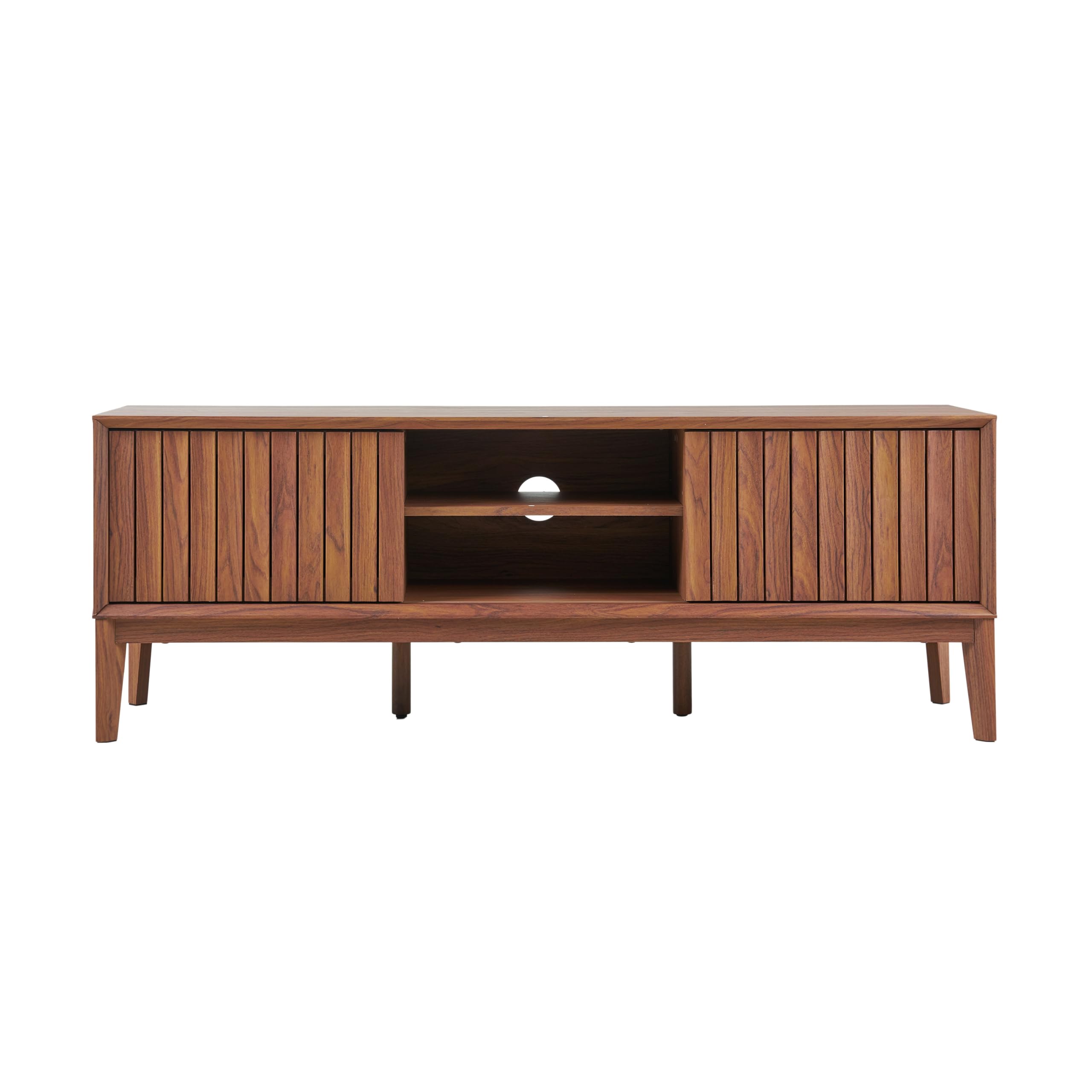 JONATHAN Y Gennaro 58" Mid-Century Wood TV Stand Media Console with Slatted Sliding Doors, Entertainment Center for Living Room with Adjustable Shelves and Cable Management, Walnut TVS1000B