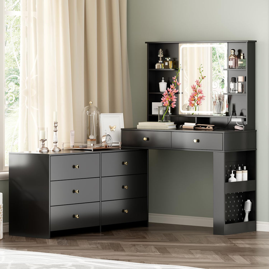 Ieejdn Makeup Vanity Desk with Mirror and Lights, Vanity Desk with 8 Drawers & Storage Shelves, Vanity Table with Power Outlet, 3 Color Modes & Adjustable Brightness Dressing Table, Bedroom,Black