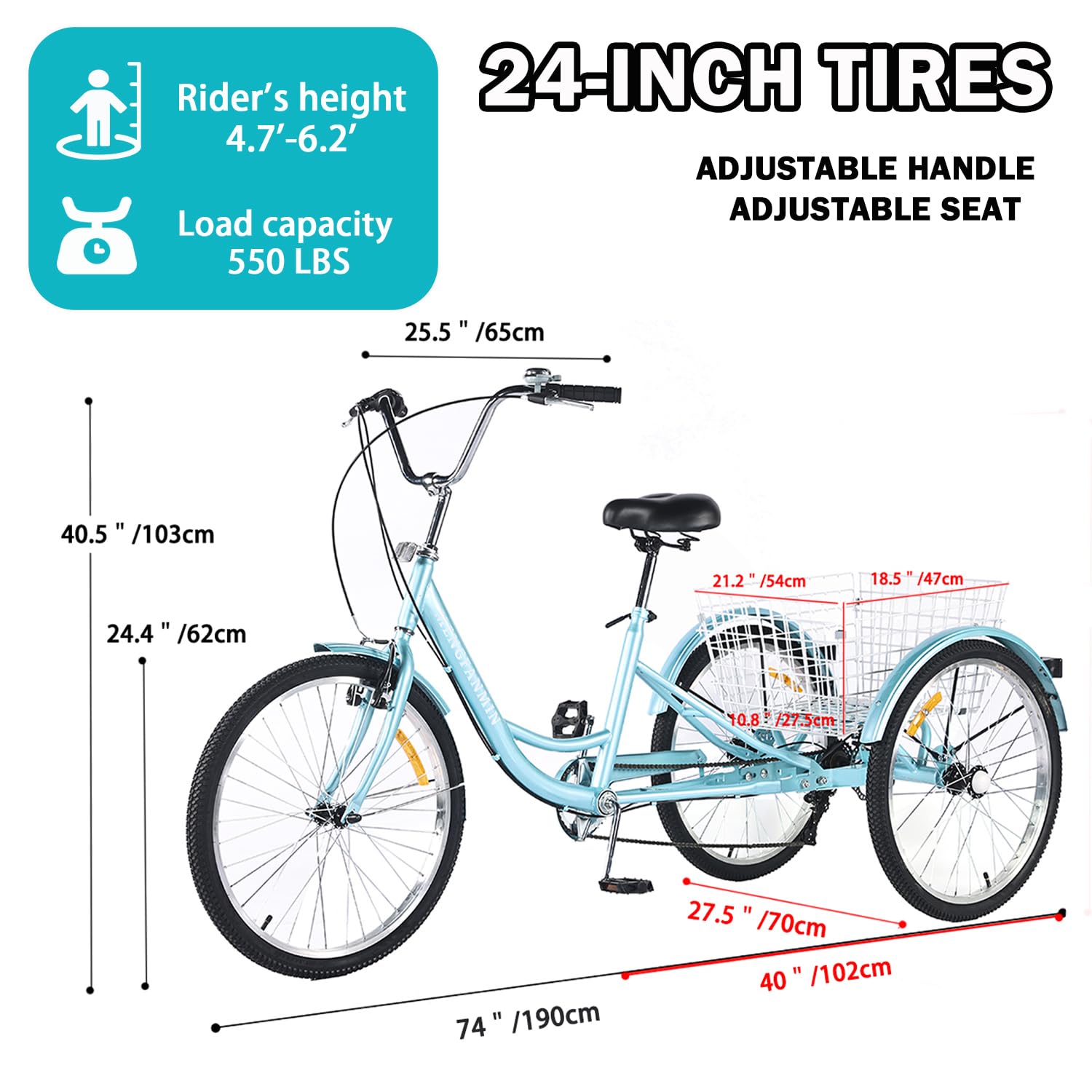 Adult Tricycle 7 Speed, 24 Inch 3 Wheel Trike Load 550lb,with Rear Basket,for Women，Seniors Picnic Exercise Shopping (Blue)