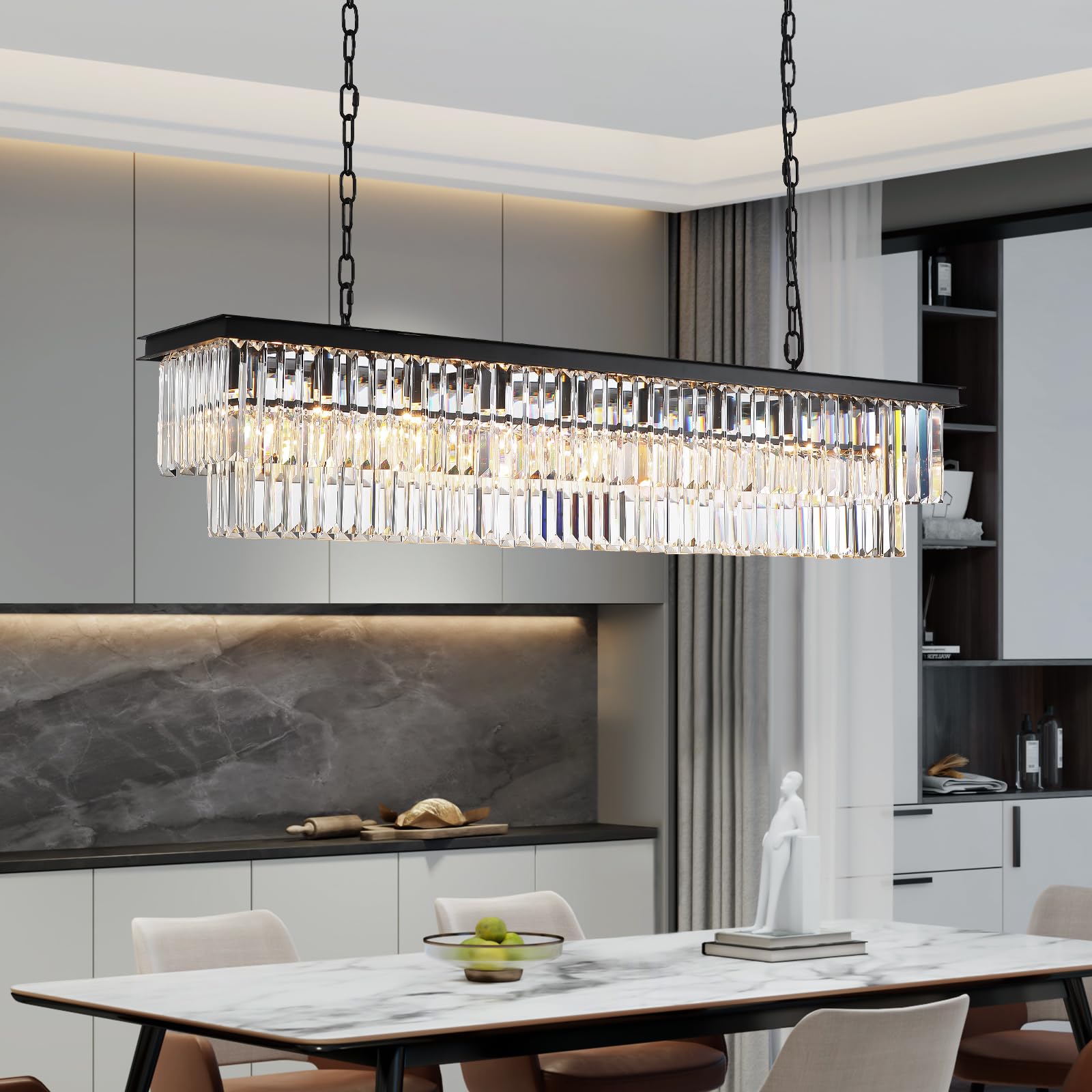 NOXARTE Rectangle Chandeliers for Dining Room, Modern Rectangular Crystal Chandelier Black 8 Lights Pendant Fixture for Kitchen Island Bar Living Room L47 Inch