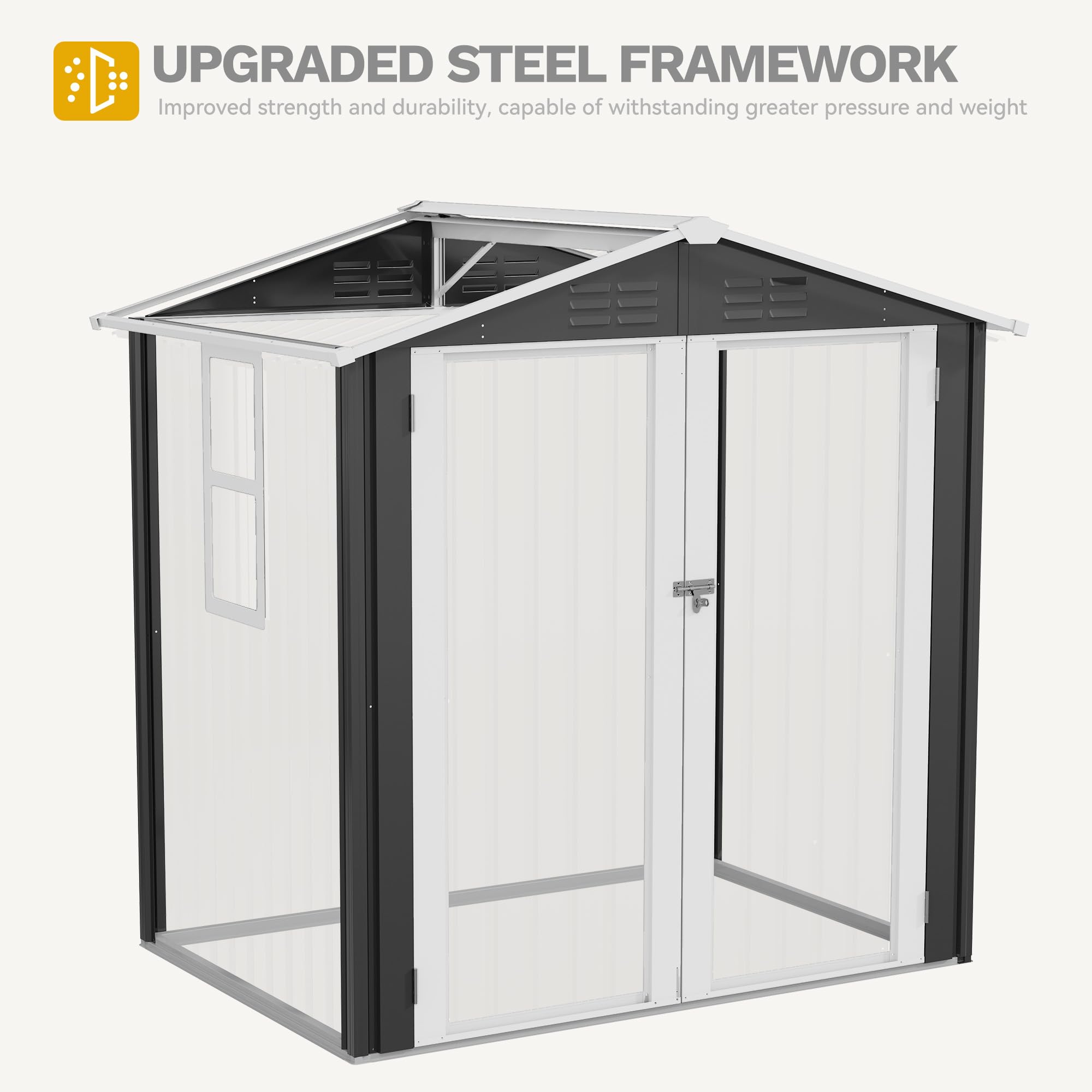 DWVO 6x4ft Large Tool Storage Shed with Window, Lockable Doors, and Sloped Roof, Oversized Steel Outdoor Storage Shed for Garden, Patio, Garage, Backyard, Lawn - Gray White