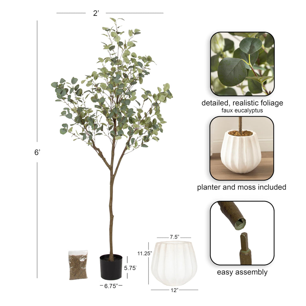 Kate and Laurel Eudora Faux Eucalyptus Tree with Claudel Scalloped Planter Pot, 6 FT, White, Potted Artificial Tree Indoor with Realistic Foliage and Added Moss, Fake Plant for Living Room Decor