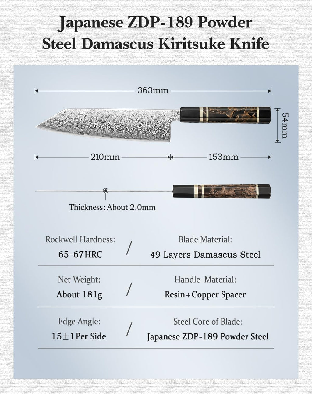 HEZHEN Kiritsuke Knife, 8.5 Inches, 49 Layers Damascus ZDP-189 Steel Japanese Chef Knife, Ultra Sharp Blade, Lightweight Handle, Acacia Wood Box Packing