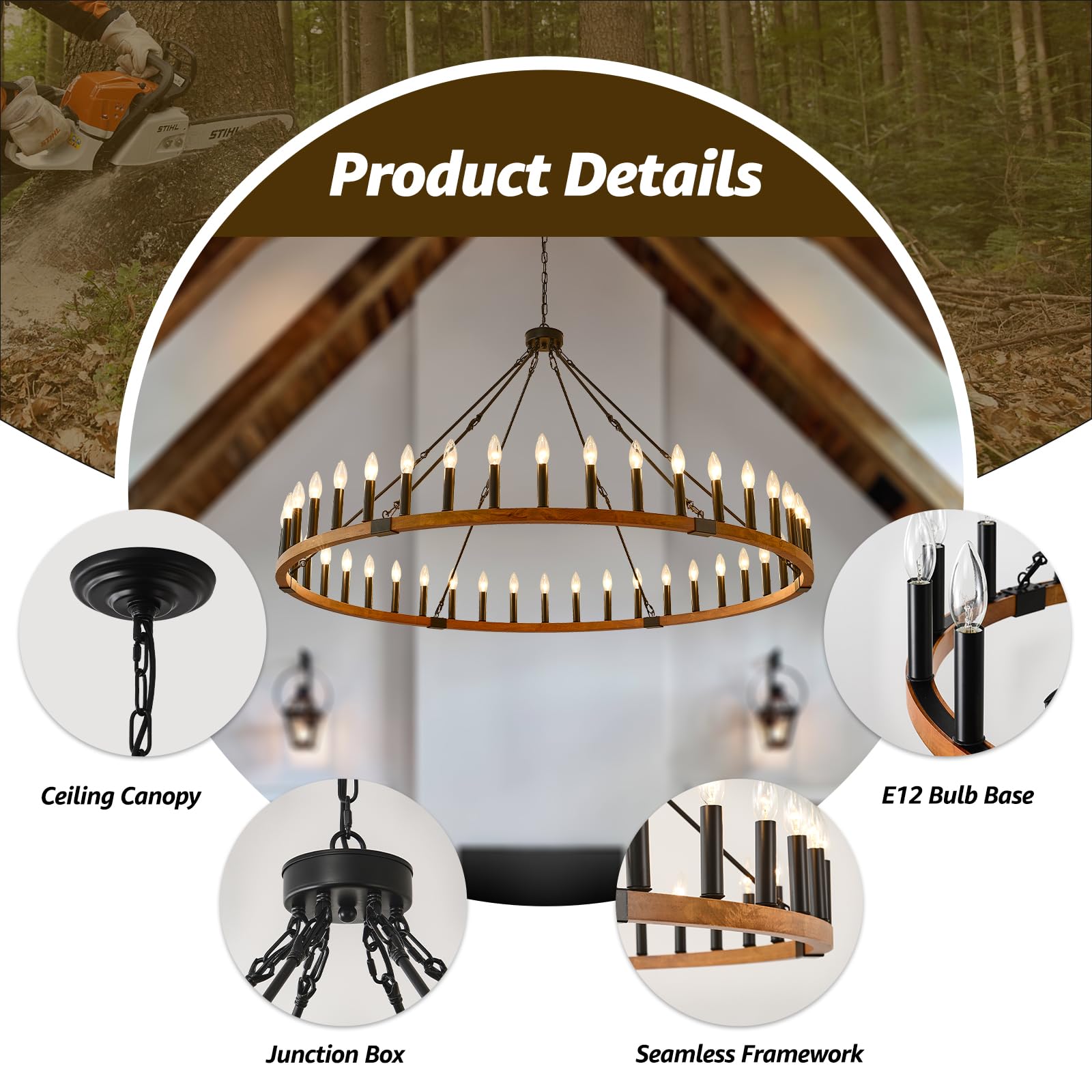 FOVICY 60-Inch Wagon Wheel Chandelier, 42-Light Large Rustic Farmhouse Chandelier for High Ceilings, Wooden Round Chandelier Lighting for Foyer, Entryway, Living Room, Dining Room