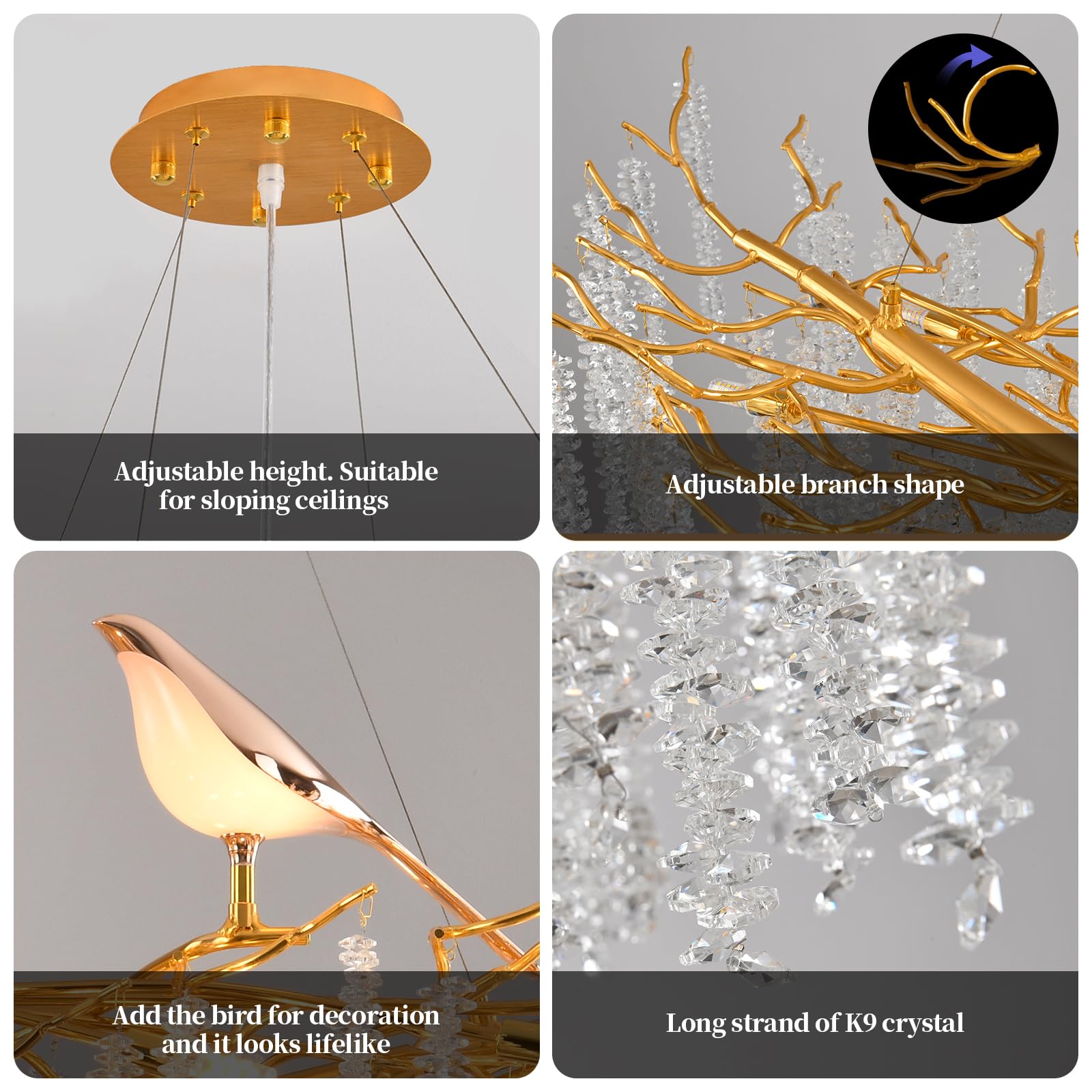 XYDikssn 43 Inch Gold Tree Branch Chandelier, 10-Light Linear Crystal Raindrop Pendant Light, Modern Luxury Hanging Lamp for Indoor Home Decor