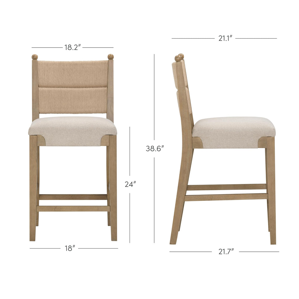 Nathan James Cove Seagrass Counter Stool Wood Upholstered Bar Stool with Natural Flax Cushion and Seagrass Backrest, Light Brown