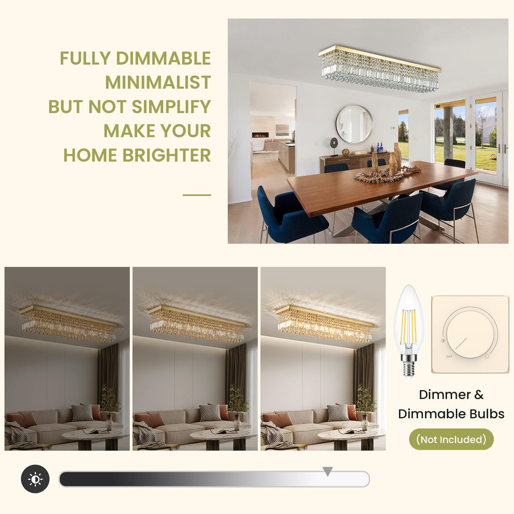 Siljoy 10-Light Modern Crystal Chandelier, Luxury Gold Rectangular Flush Mount Ceiling Light, Large Rectangle Raindrop Chandelier for Living Dining Room Kitchen Island Bar L47'' x W10'' x H10''