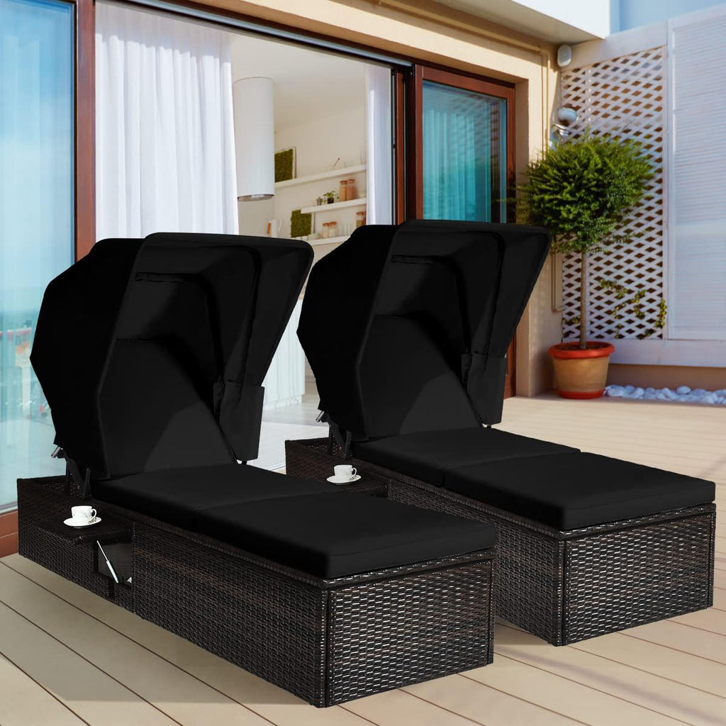 HAPPYGRILL Patio Chaise Lounge with Retractable Canopy, Outdoor Reclining Chair with Adjustable Backrest, Rattan Wicker Daybed with Coffee Table for Beach Poolside Backyard Balcony Porch