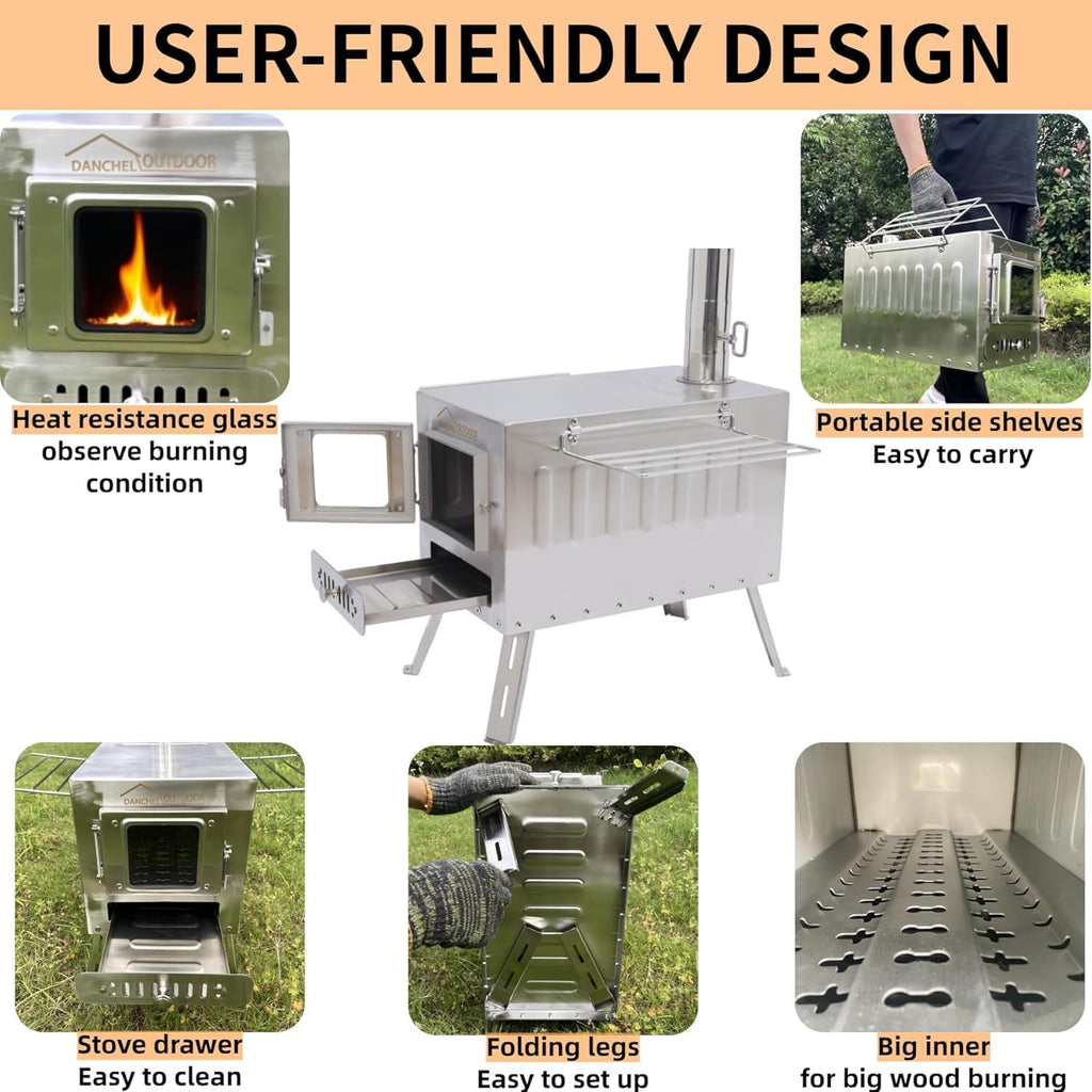 DANCHEL OUTDOOR B6 4 Season Glamping Wall Tent w/Large Wood Stove Camping, No Center Pole, Higher Side Wall,900D Flame Retardant Oxford for 6-8 Person Yurt Cabin Tent,16.4ft/5m