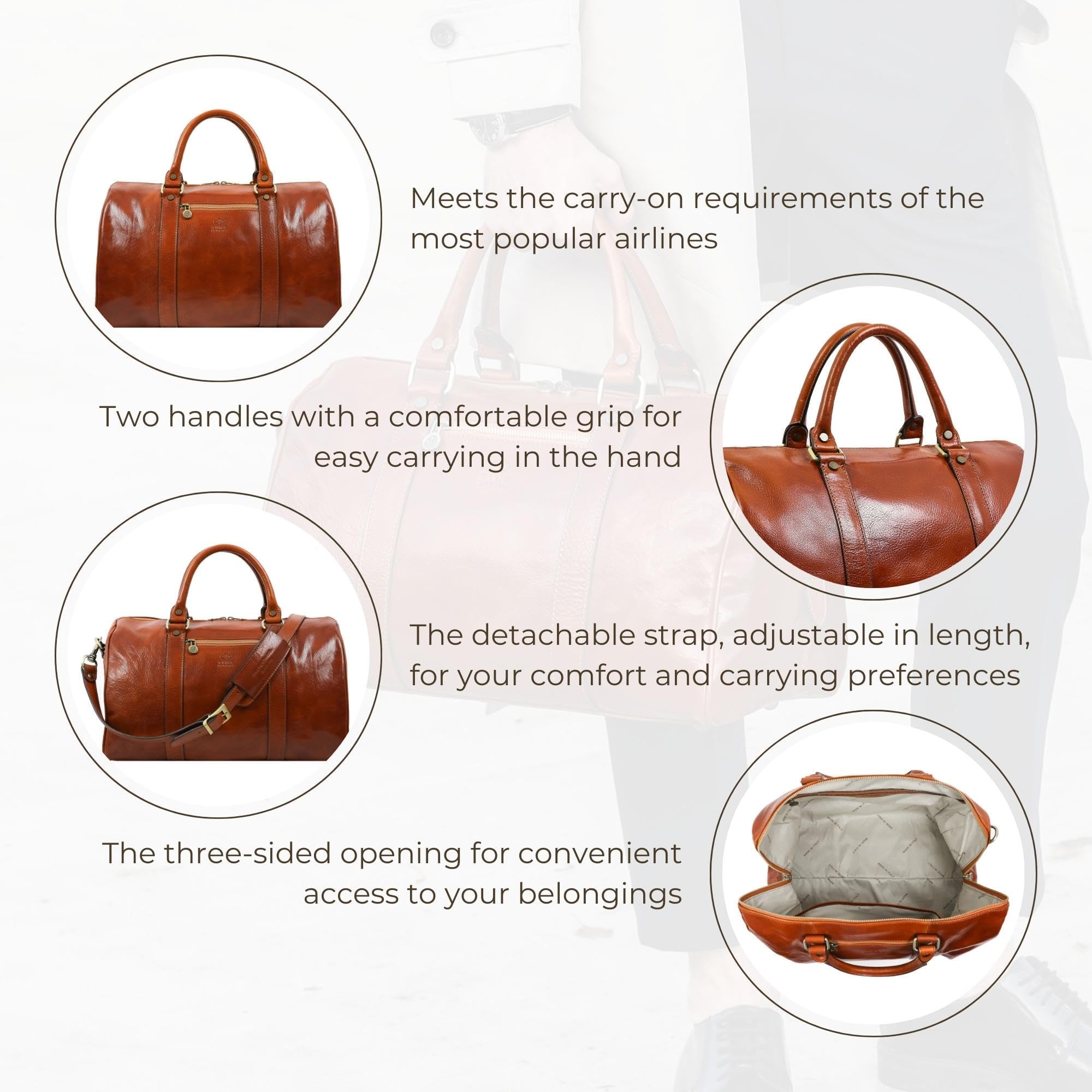 Time Resistance Full Grain Leather Small Duffel Bag - Gym Weekender Overnight Bag (Cognac Brown)