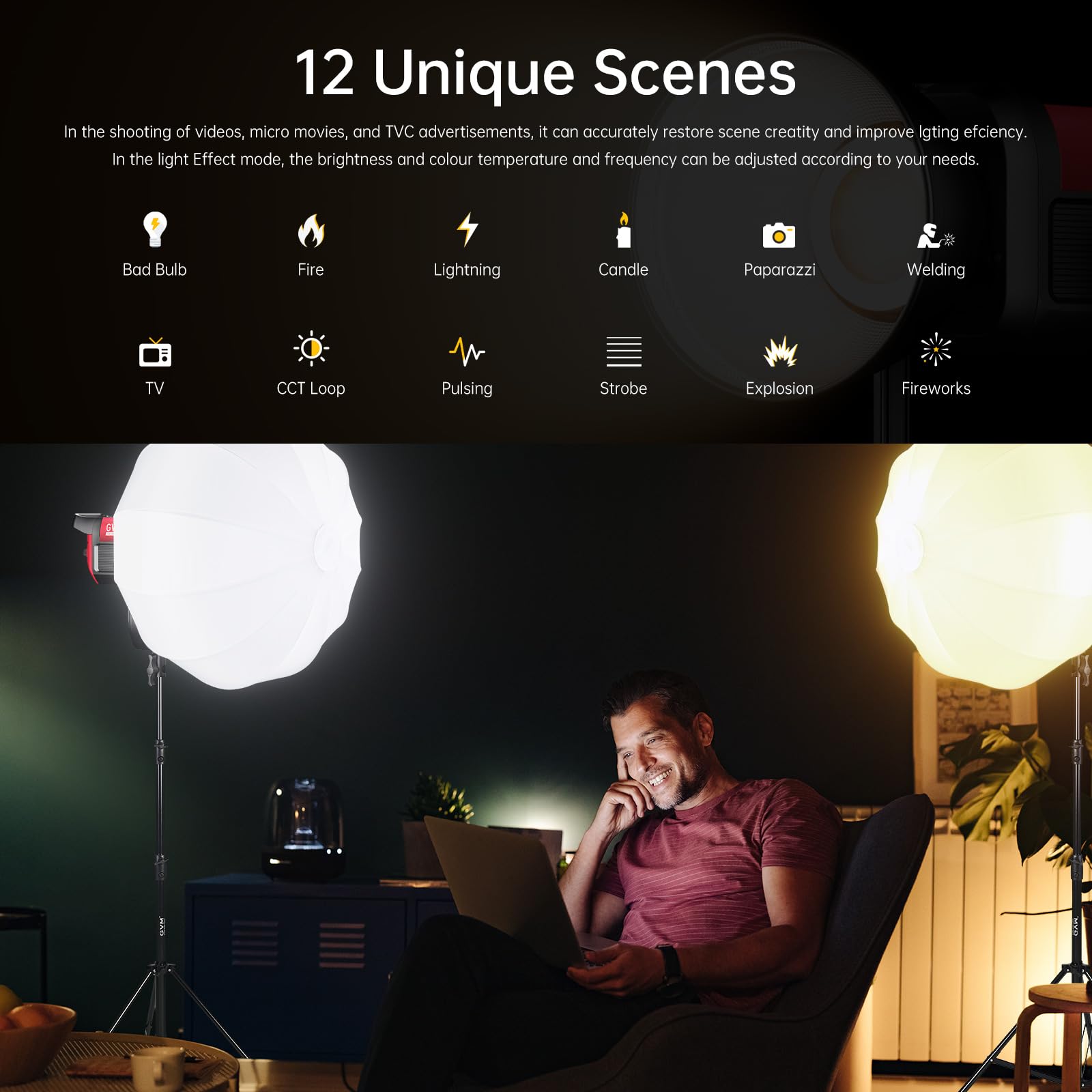GVM 300W Photography Lighting Bi-Color Video Light with Bowens Mount Lantern Softbox and Stand CRI 97+ CCT 2700K~6800K 12 Lighting Scenes App Control Studio Lights for Photography