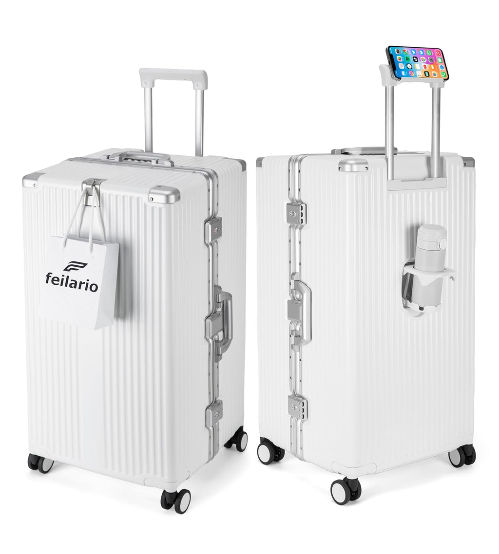 feilario 30in Super Large Captain Aluminum Frame Hardside Spinner Wheels Luggage, Removable Wheels Zipperless Checked Suitcase with Cup Holder/Phone Holder (Ivory White,30in)