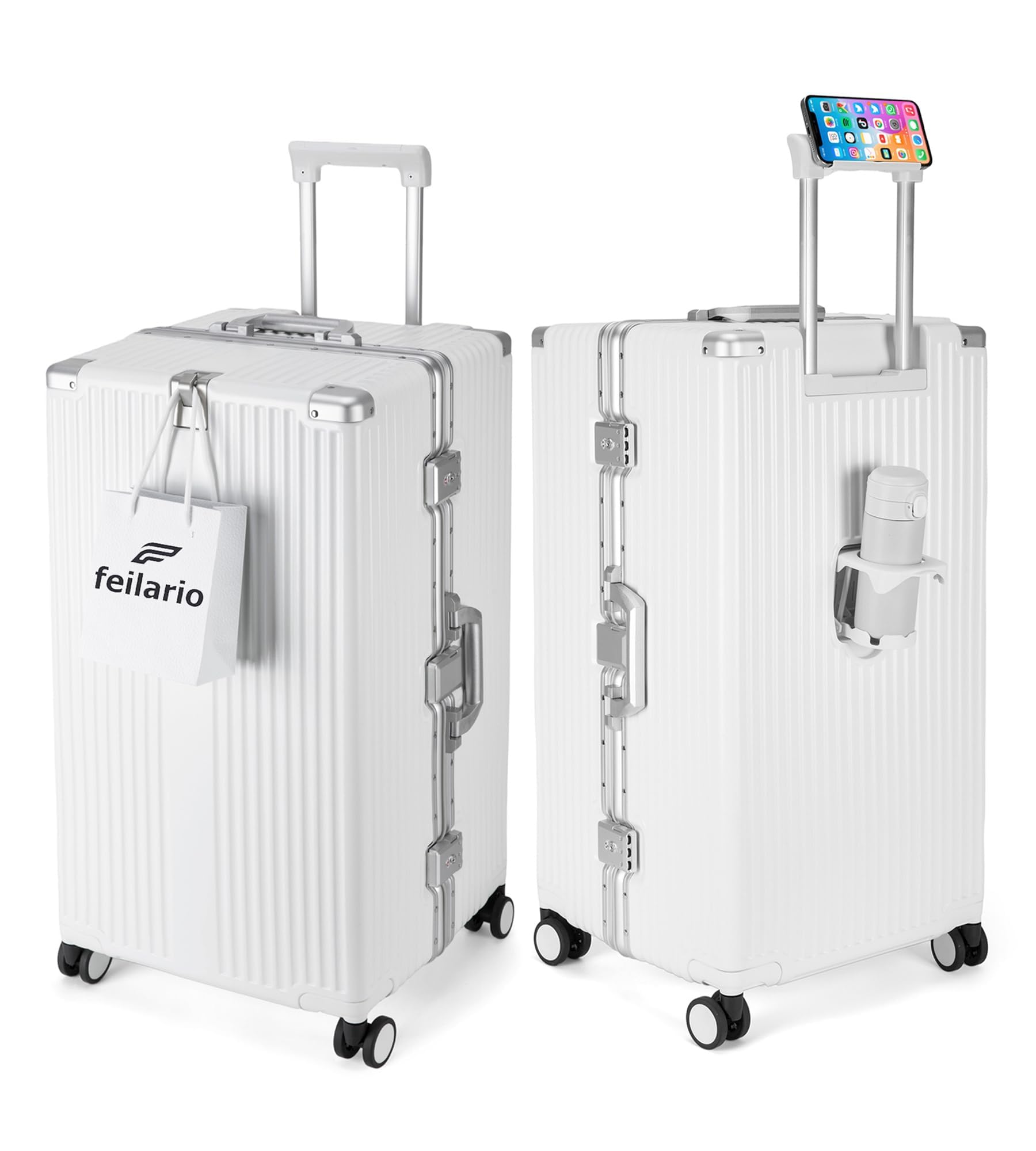 feilario 30in Super Large Captain Aluminum Frame Hardside Spinner Wheels Luggage, Removable Wheels Zipperless Checked Suitcase with Cup Holder/Phone Holder (Ivory White,30in)