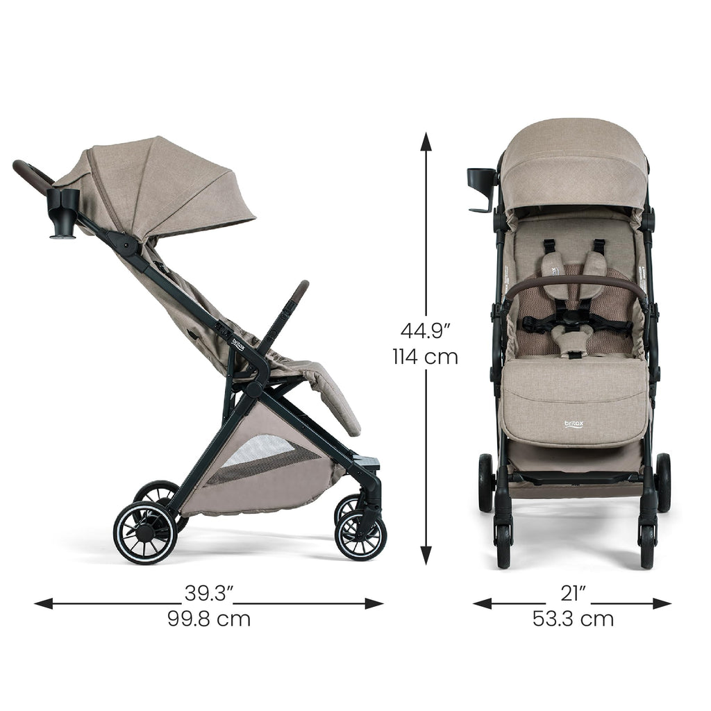 Britax Juniper+ Compact Stroller, Portable & Lightweight On-The-Go Stroller with Fastpack & One-Hand RapidFold, Infant Car Seat Compatible, Built-in Carry Strap, Ventilating Fabrics — Teak