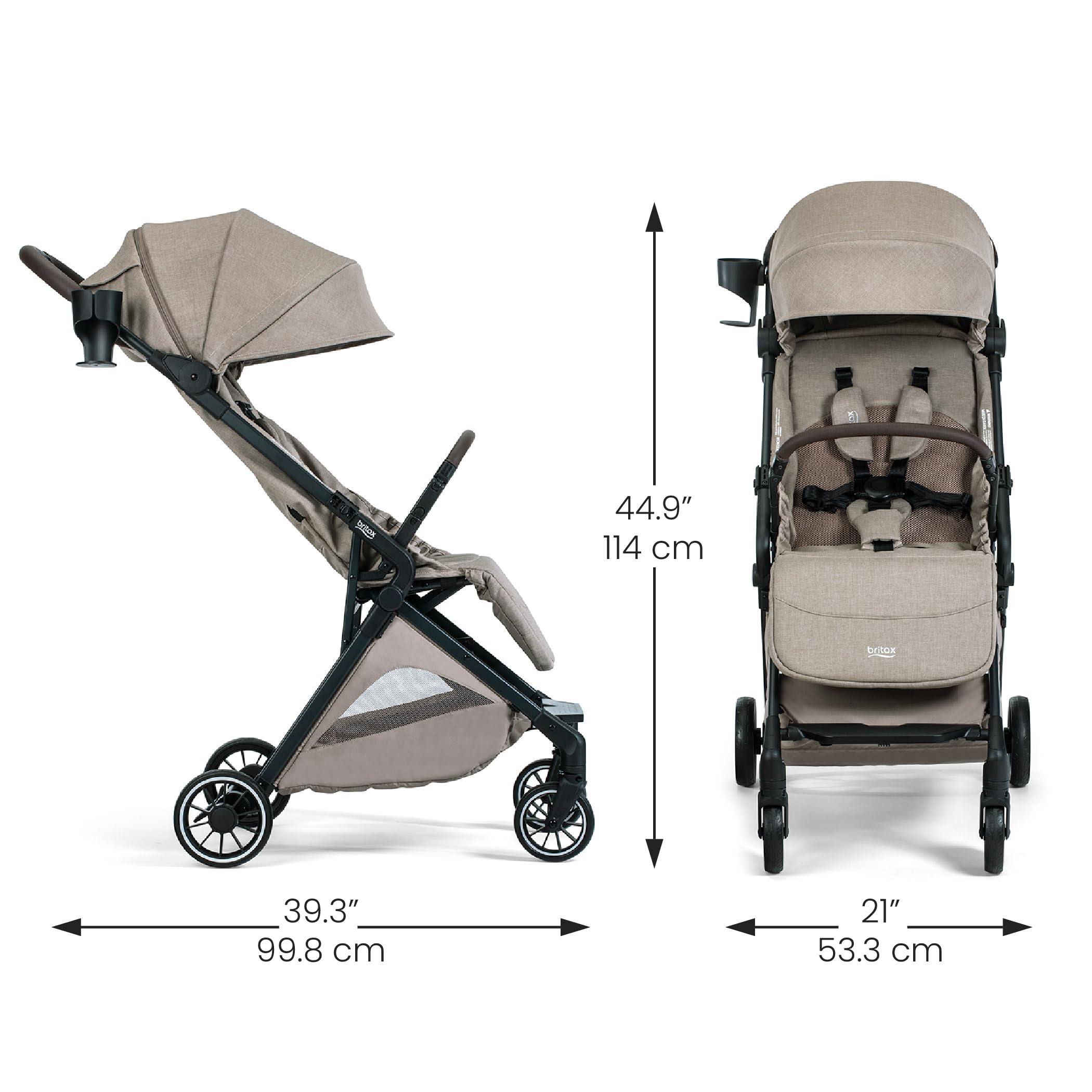 Britax Juniper+ Compact Stroller, Portable & Lightweight On-The-Go Stroller with Fastpack & One-Hand RapidFold, Infant Car Seat Compatible, Built-in Carry Strap, Ventilating Fabrics — Teak