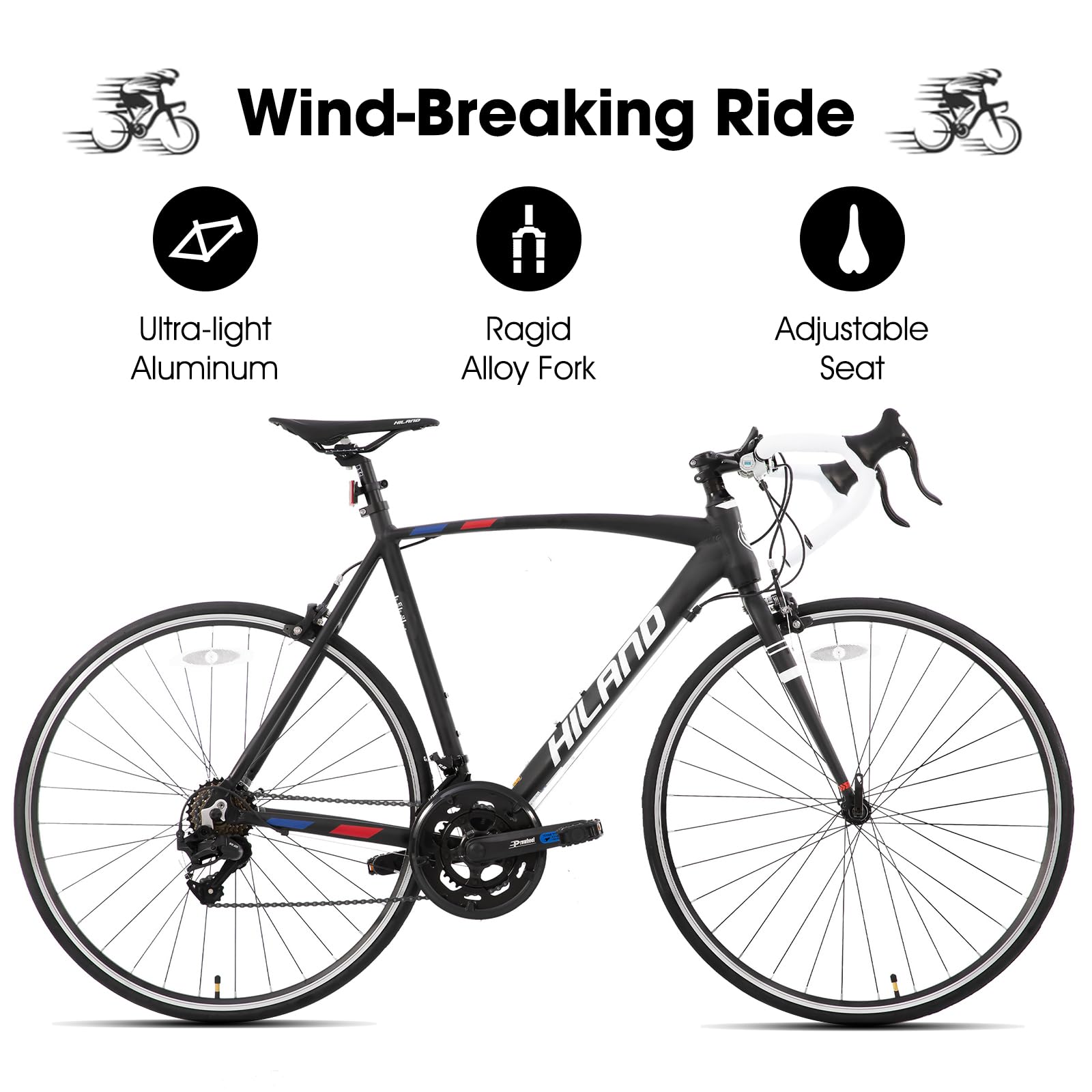 HILAND 14 Speeds 700C Road Bike, Light Weight Aluminum Frame Sport Bike, Racing Bike for Men Women Adult Bicycle 57 CM Frame Black