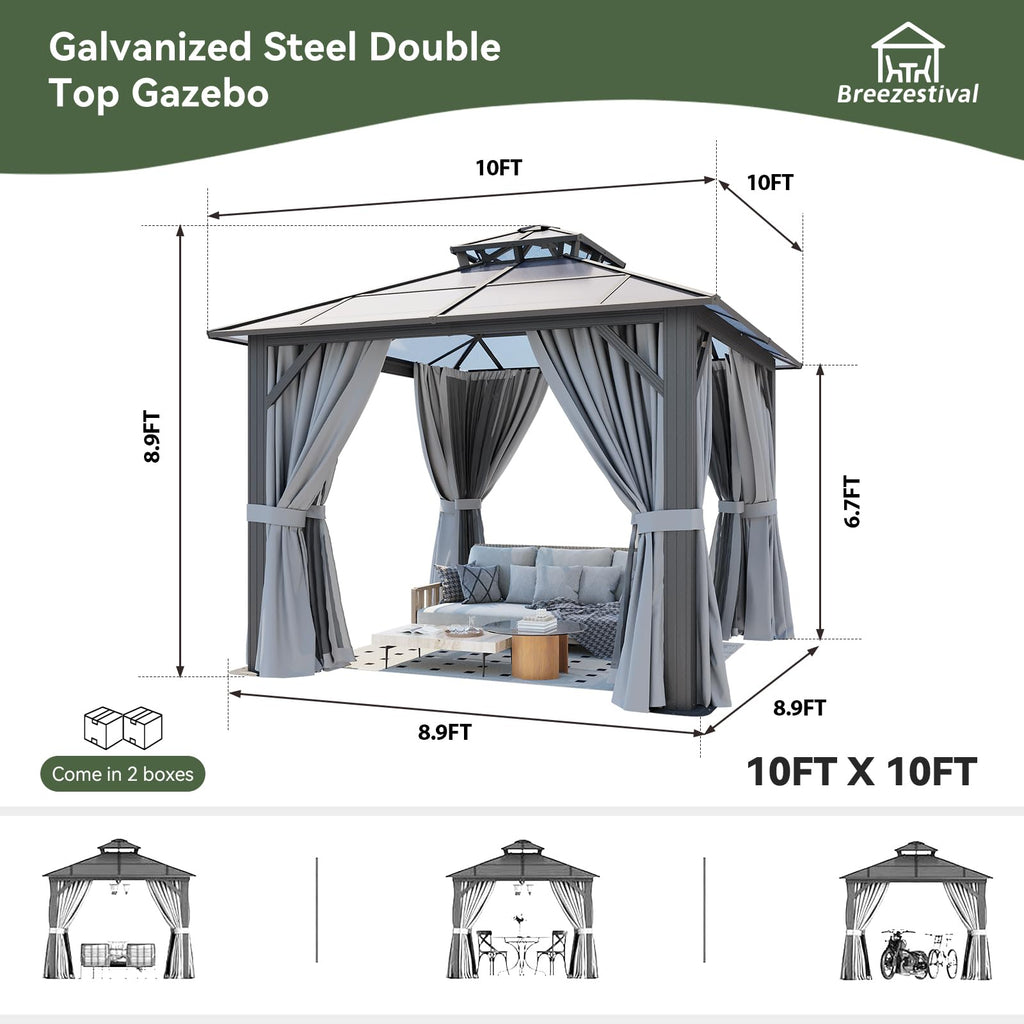 Breezestival 10’x10’ Hardtop Gazebo with Double Polycarbonate Roof Outdoor Metal Gazebo Sturdy Aluminum Frame & Removable Curtains, Netting Permanent Pavilion Pergola for Garden,Patio,Lawn (Gray)