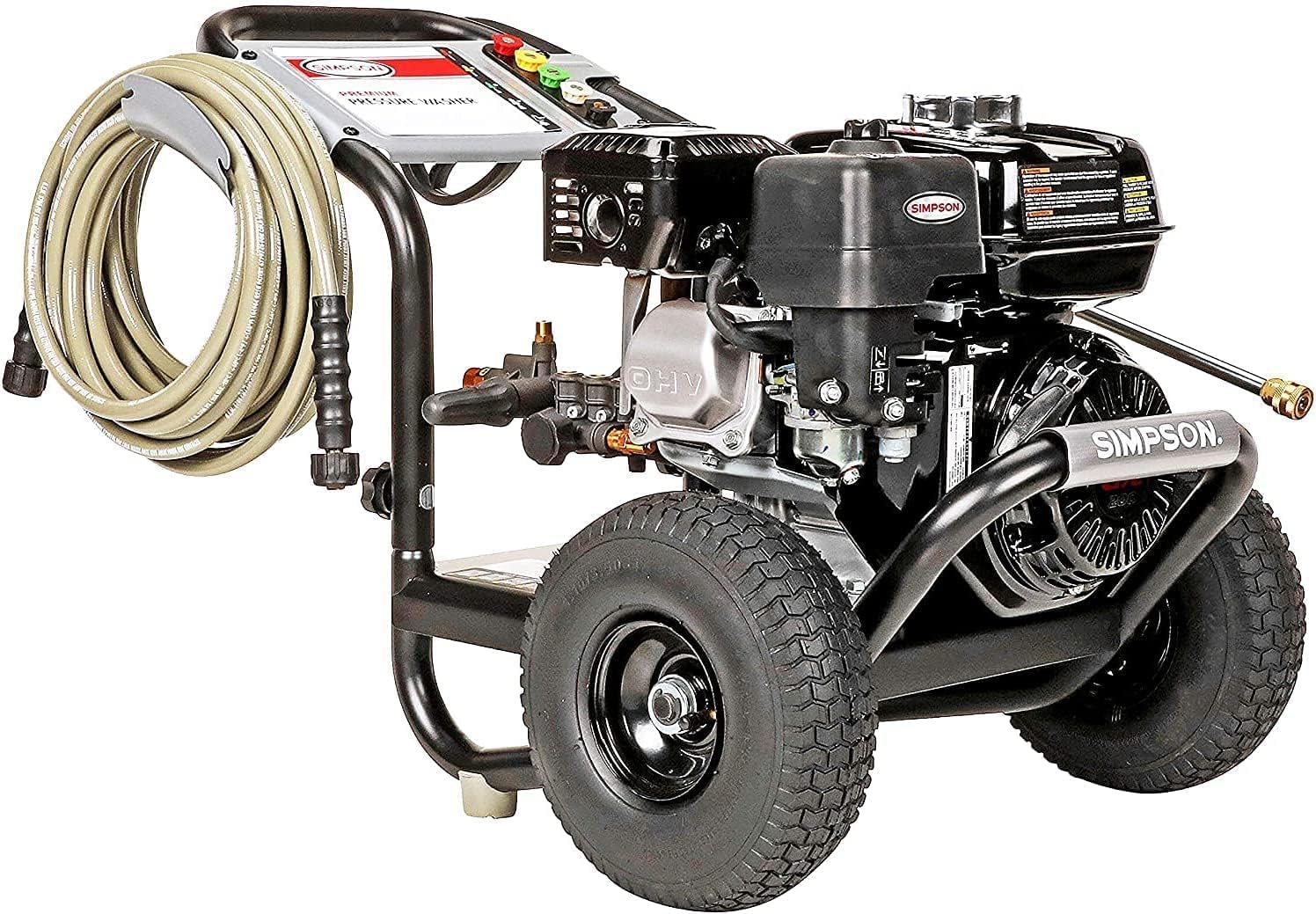 SIMPSON Cleaning PS3228 PowerShot 3300 PSI Gas Pressure Washer, 2.5 GPM, Honda GX200 Engine, Includes Spray Gun and Extension Wand, 5 QC Nozzle Tips, 5/16-inch x 25-foot MorFlex Hose, 49-State