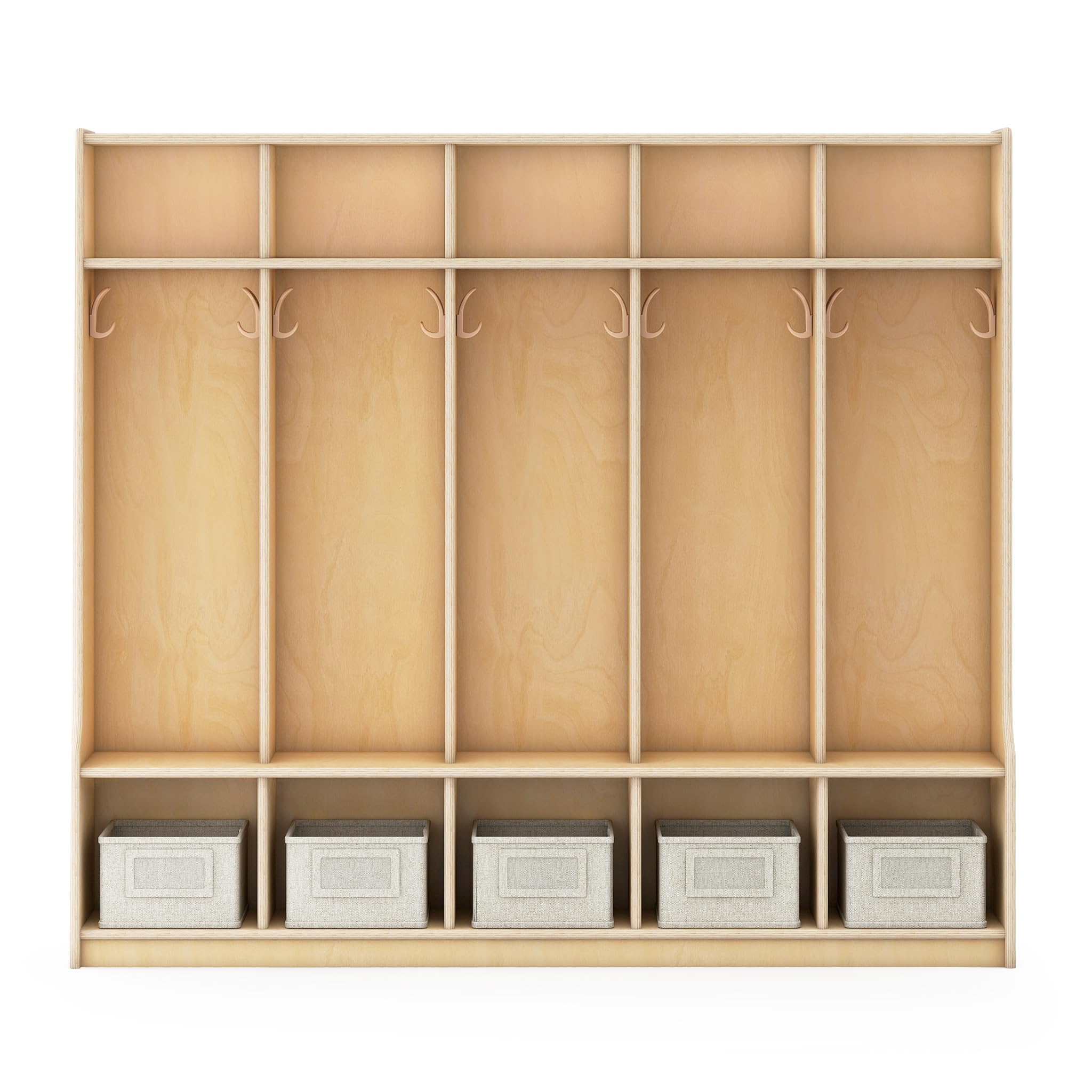 Guidecraft EdQ 5-Section Wooden Storage Locker with Bench Seat for Classroom, Kids Cubby Organizer with Shelves and Hooks for Coats, Divided Playroom Storage with Bins