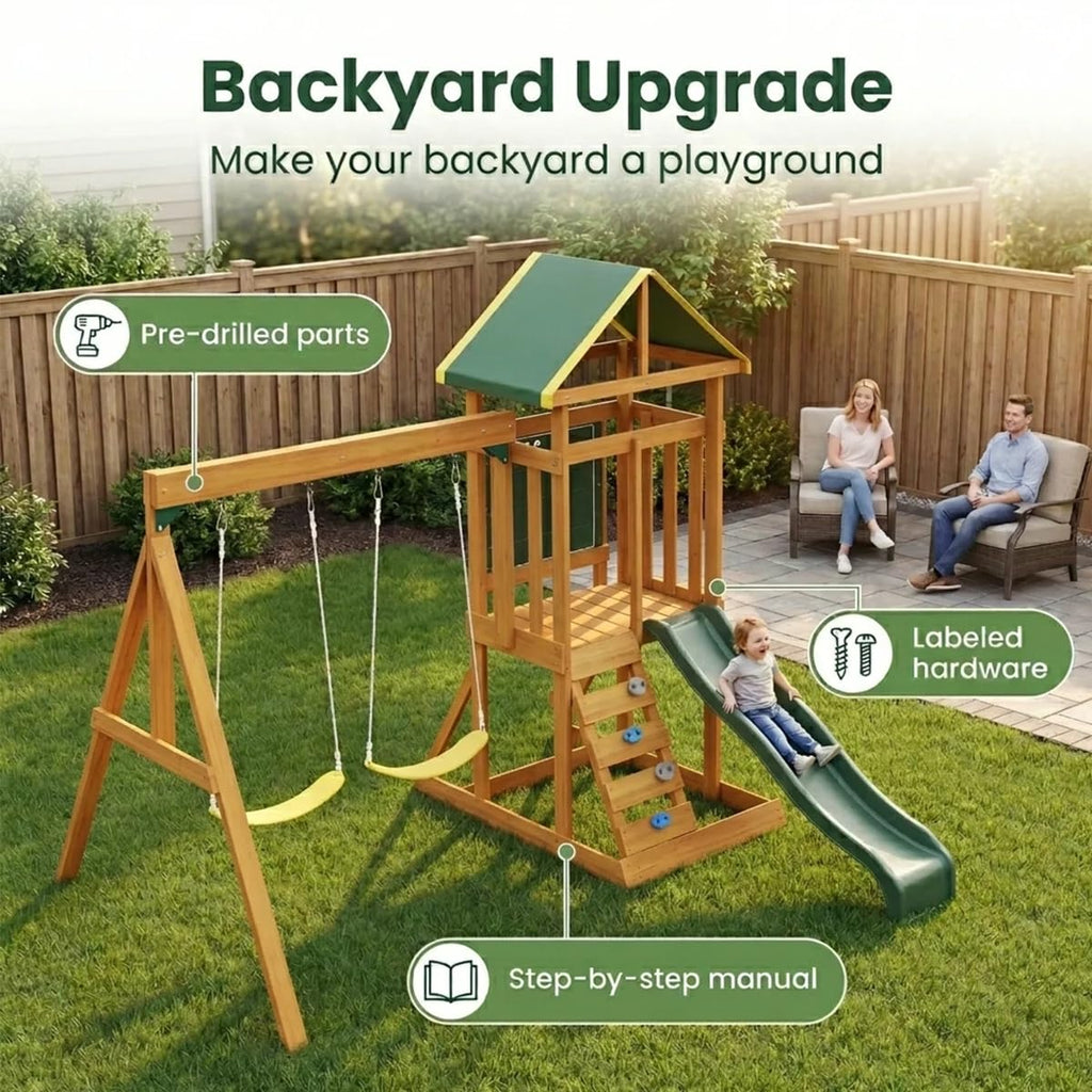 AkiiGer Cedar Wooden Backyard Playset with Swings, Wave Slide, Rock Wall Ladder, Sandbox Chalkboard & Canopy Roof, Outdoor Swing Set