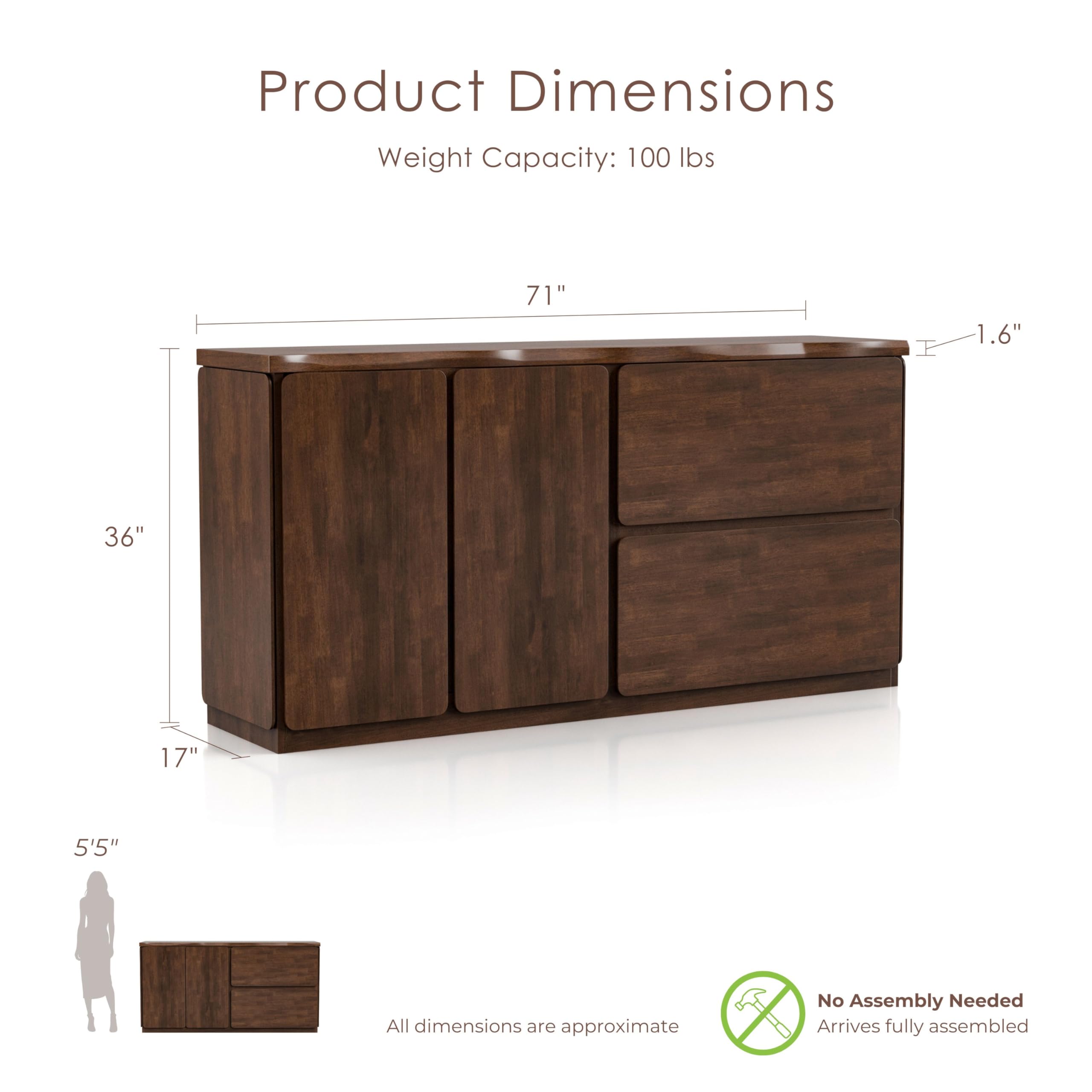 Furniture of America Nazaen II Mid-Century Modern Solid Wood 71-inch Sideboard Buffet Cabinet with Secret Hidden Drawers, Credenzas for Living Room, Dining Room, Office, Rich Walnut