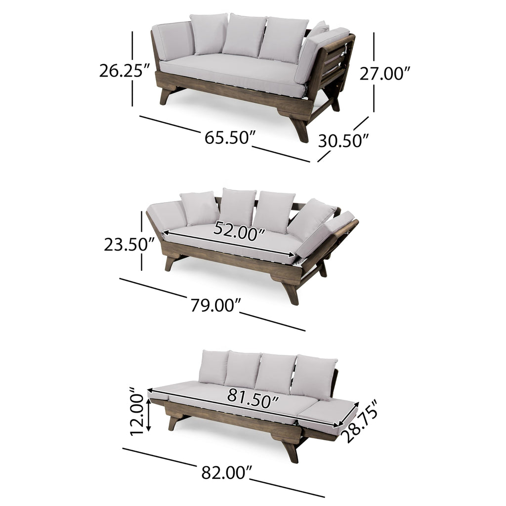 Christopher Knight Home Gary Patio Convertible Couch, Wooden Outdoor Daybed, 3-Seater Acacia Wood Patio Furniture Lounge Sofa for Backyard/Poolside/Garden, Back Pillow+Removable Cushion, Grey
