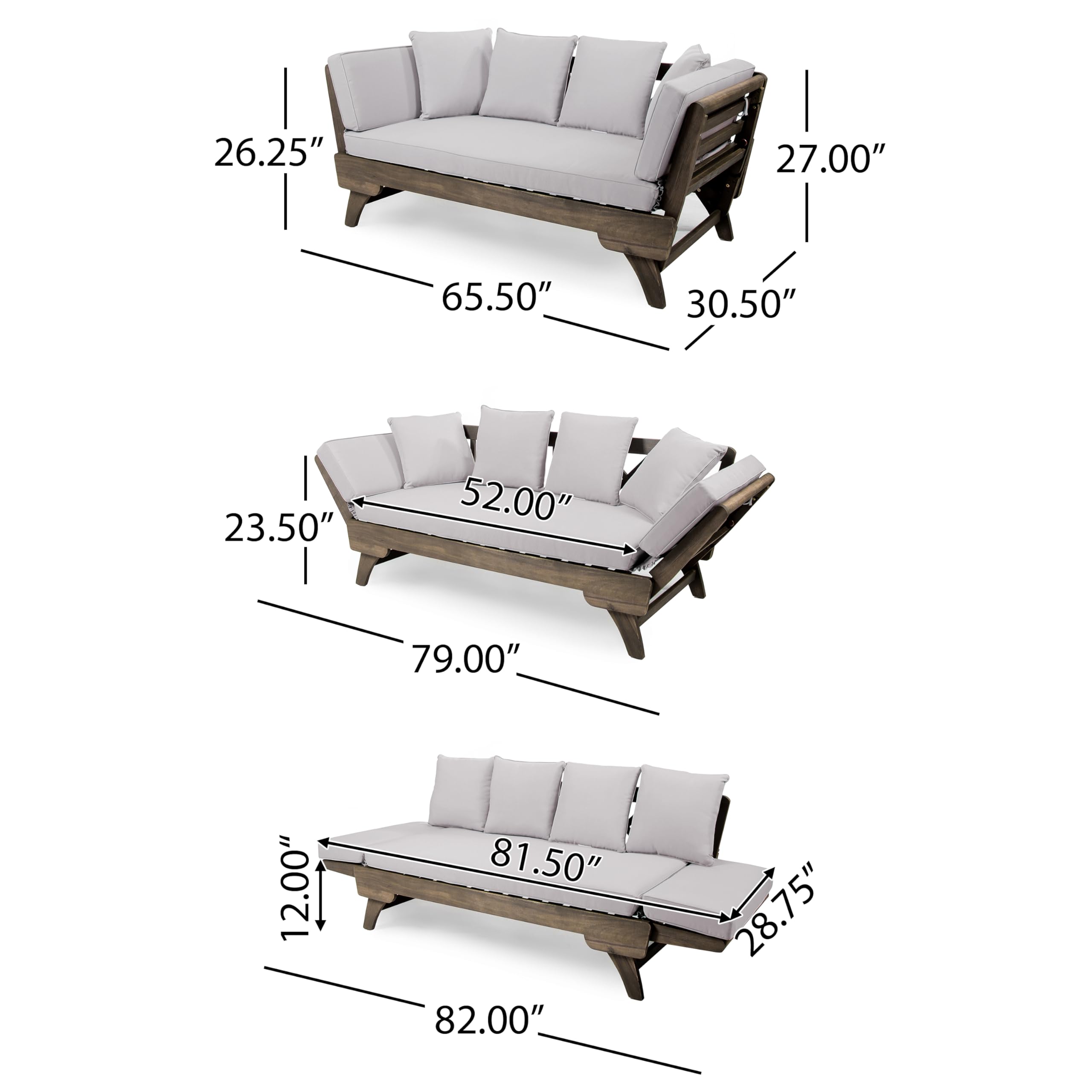 Christopher Knight Home Gary Patio Convertible Couch, Wooden Outdoor Daybed, 3-Seater Acacia Wood Patio Furniture Lounge Sofa for Backyard/Poolside/Garden, Back Pillow+Removable Cushion, Grey