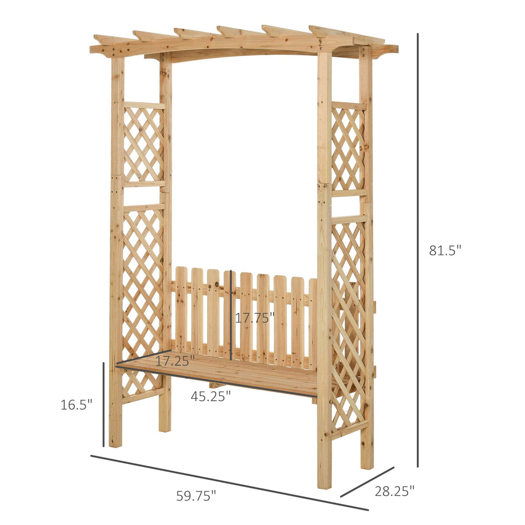 Wooden Garden Arbor for Climbing Plants with Garden Bench, Garden Arch to Grow Grapes & Vines, Patio Decor & 2-Person Outdoor Wood Decorative Seating, Natural