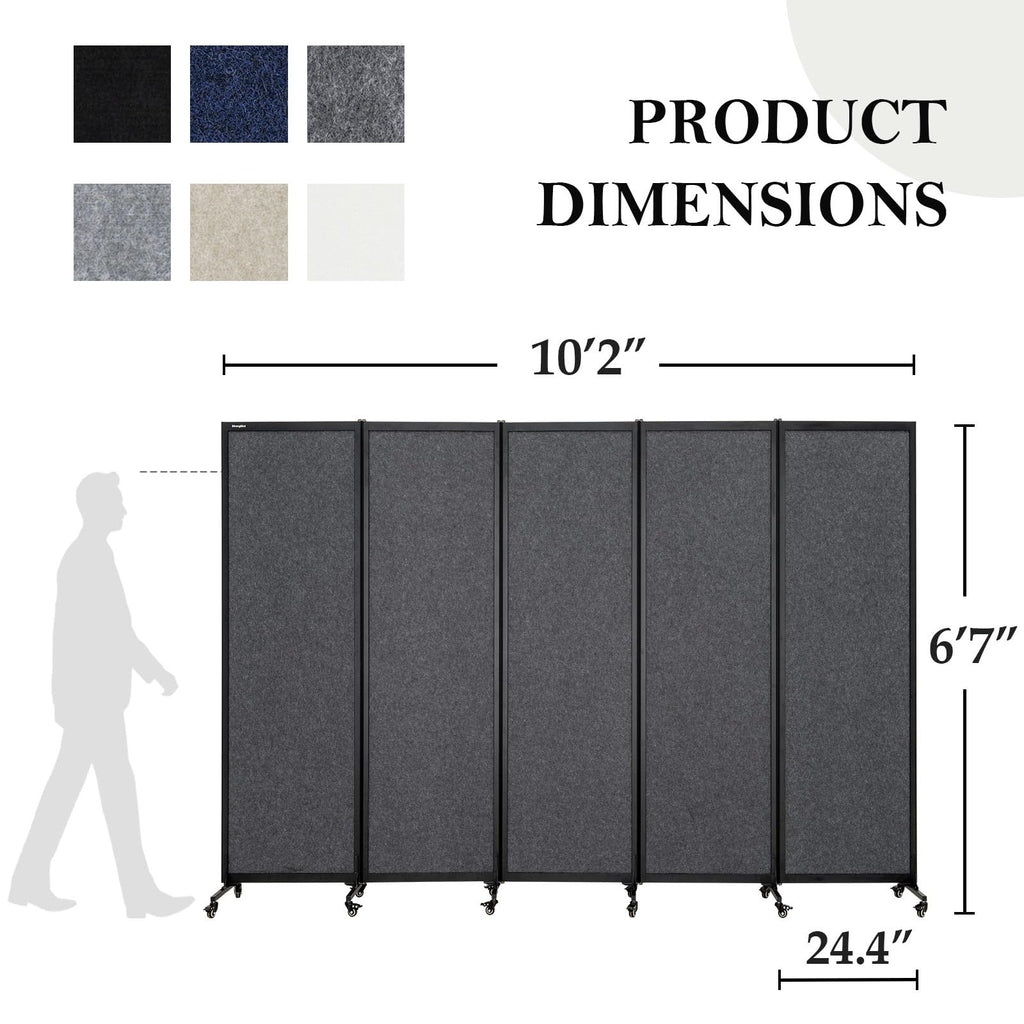 Upgrade Version Room Partition and Divider, Freestanding Rolling Dividers with Wheels,Office Privacy Screen Divider Wall,Classroom Felt Dividers,10'6"L* 6'7"H,5 Panel，Dark Grey