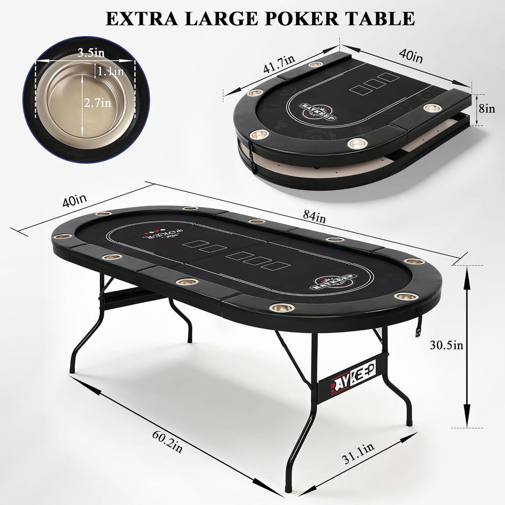 RAYKEEP 10 Player Poker Table Foldable, 84" Folding Blackjack Texas Holdem Table, Portable Casino Leisure Card Board Game Table with Cup Holders and Padded Rails for Game Room (Black)