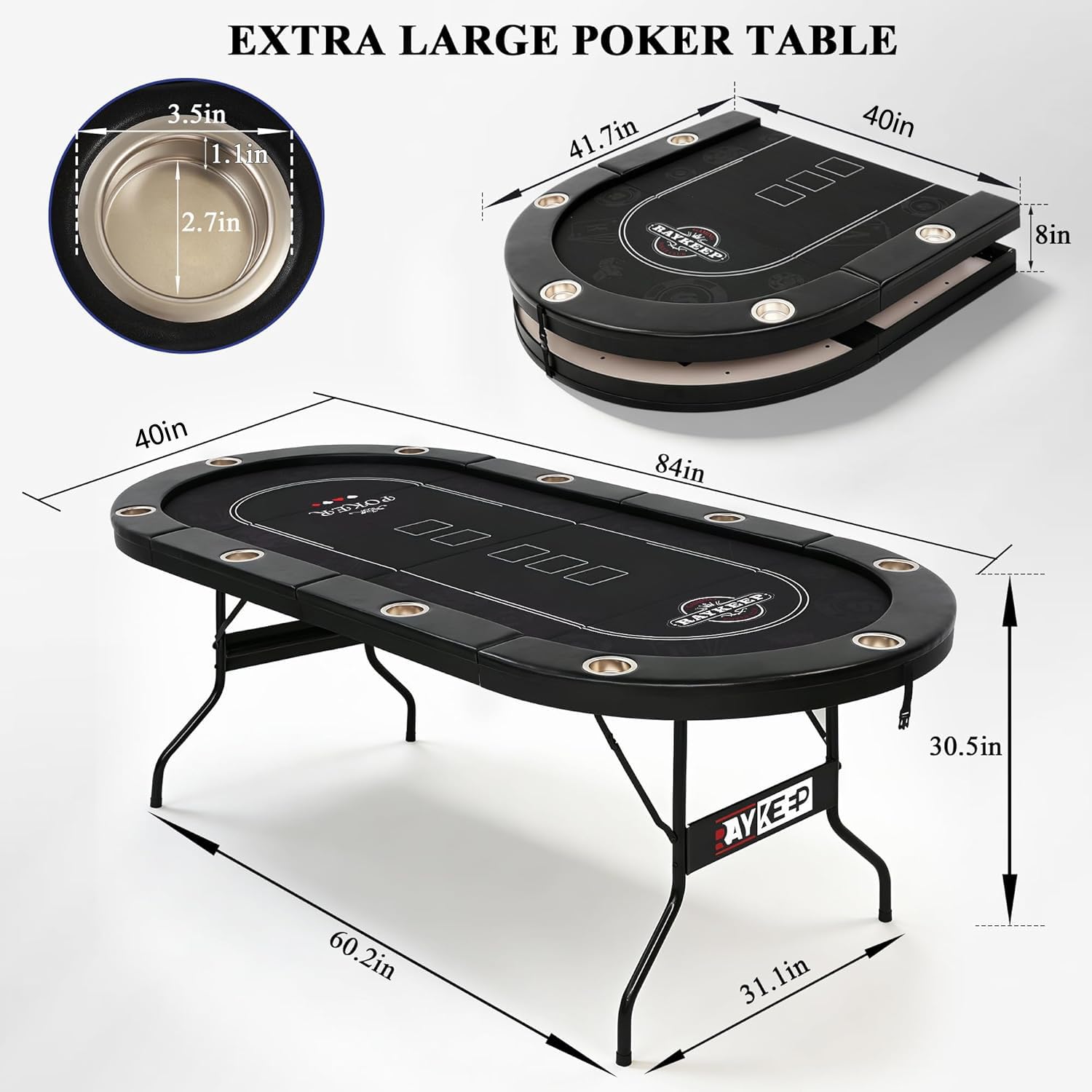 RAYKEEP 10 Player Poker Table Foldable, 84" Folding Blackjack Texas Holdem Table, Portable Casino Leisure Card Board Game Table with Cup Holders and Padded Rails for Game Room (Black)