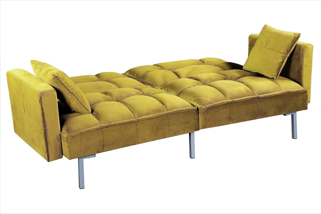Container Furniture Direct Regal 75.6" Velvet Convertible Sofa Bed - Mid-Century Sleeper Couch w/Tufted Design & Metal Legs - Pull-Out Futon for Guests/Home (75.6"W x 34.6"D x 32"H), Greenish Yellow