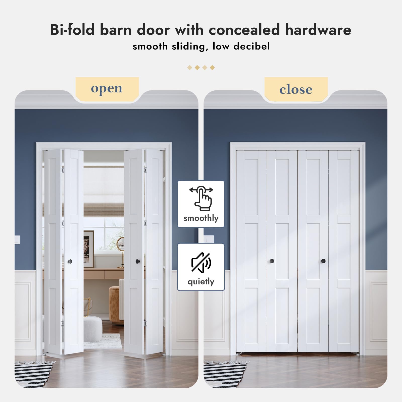 Roymelo White Bifold Doors for 72"×80" Opening, Sliding Interior Closet Folding Barn Door Slab with 6FT Concealed Hardware Kit Included, 3-Panel, MDF Wood Panel Covered with PVC Surface