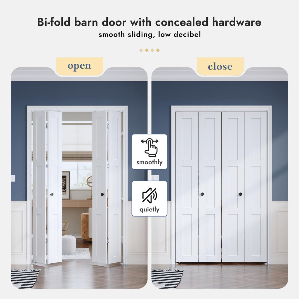 Roymelo White Bifold Doors for 60"×80" Opening, Sliding Interior Closet Folding Barn Door Slab with 5FT Concealed Hardware Kit Included, 3-Panel, MDF Wood Panel Covered with PVC Surface