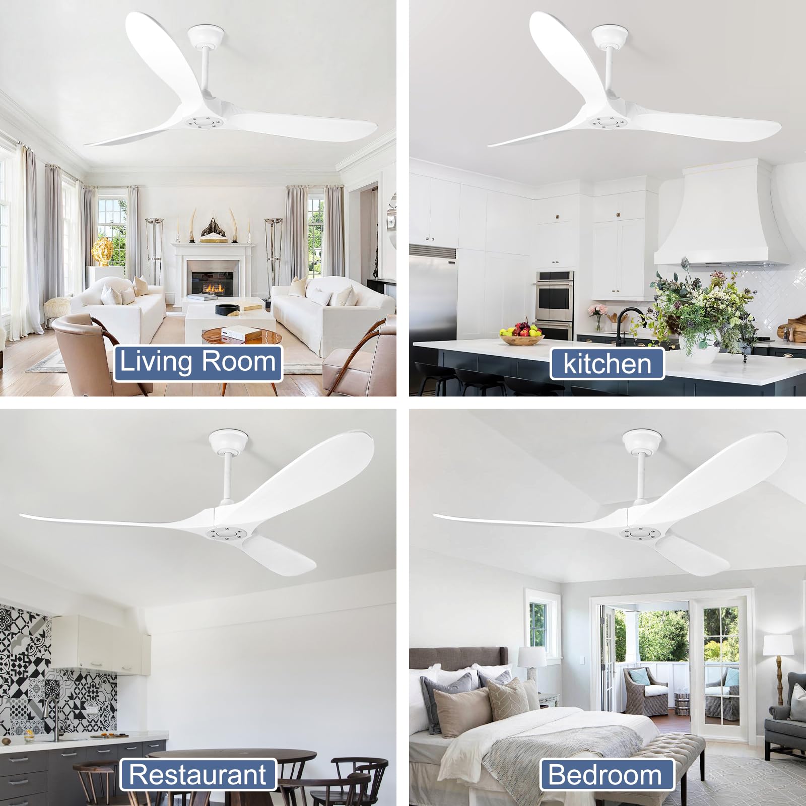 YOZZAN Solid Wood Ceiling Fans no Light,60'' White Ceiling Fan with Remote Control,DC Motor with Large Airflow,Indoor and Outdoor Ceiling Fan for Living Room,Bedroom,Patios
