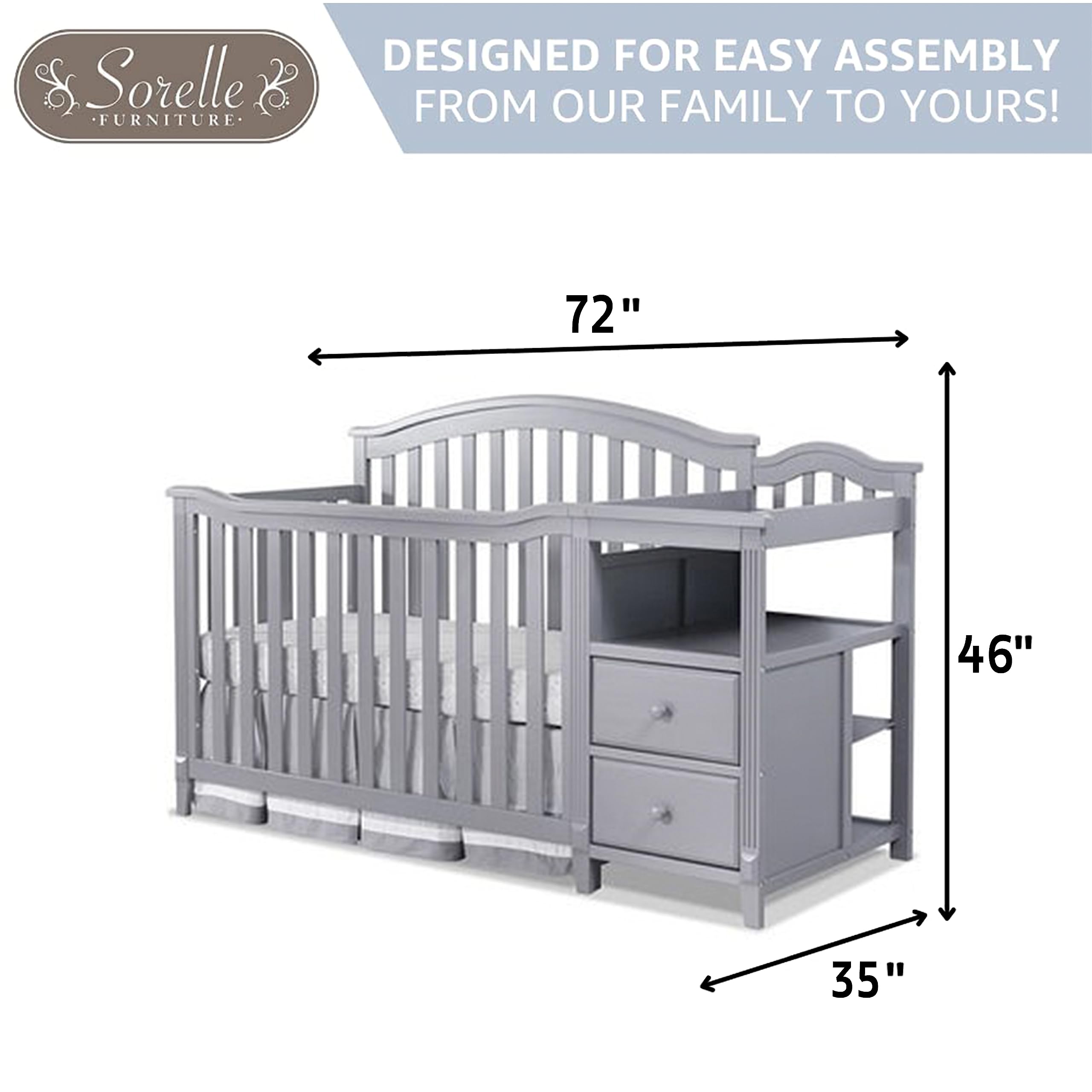 Sorelle Furniture Berkley Crib and Changer with Slat Panel Back Classic -in- Convertible Diaper Changing Table Non-Toxic Finish Wooden Baby Bed Toddler Childs Daybed Full-Size Nursery - Gray