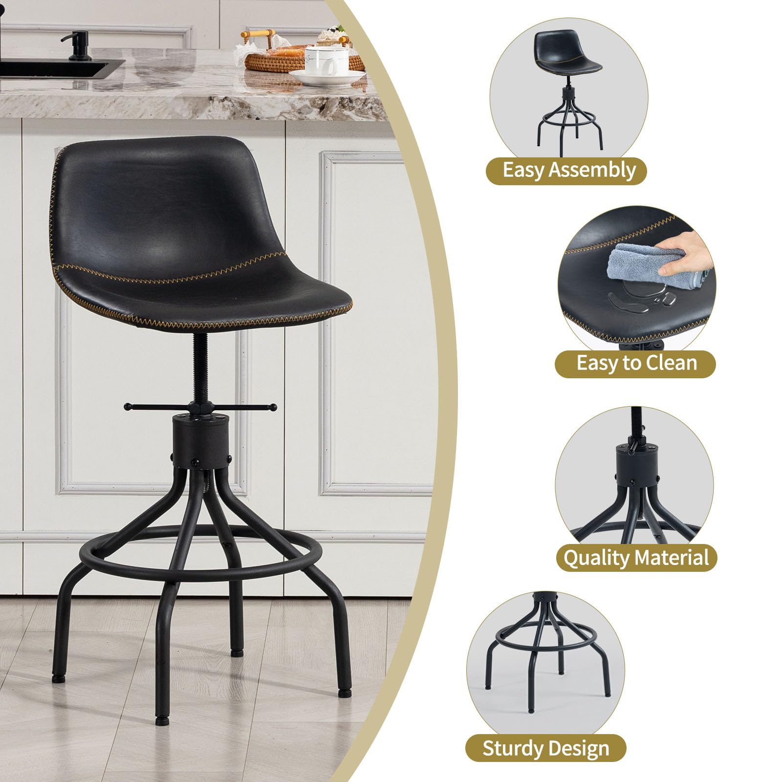 CHIDOCHILO Swivel Bar Stools Set of 3, Adjustable Industrial Kitchen Island Barstools with Back 26 Inch Faux Leather Armless Counter Height Bar Chairs for Dining Room Home Bar D087-Black-3